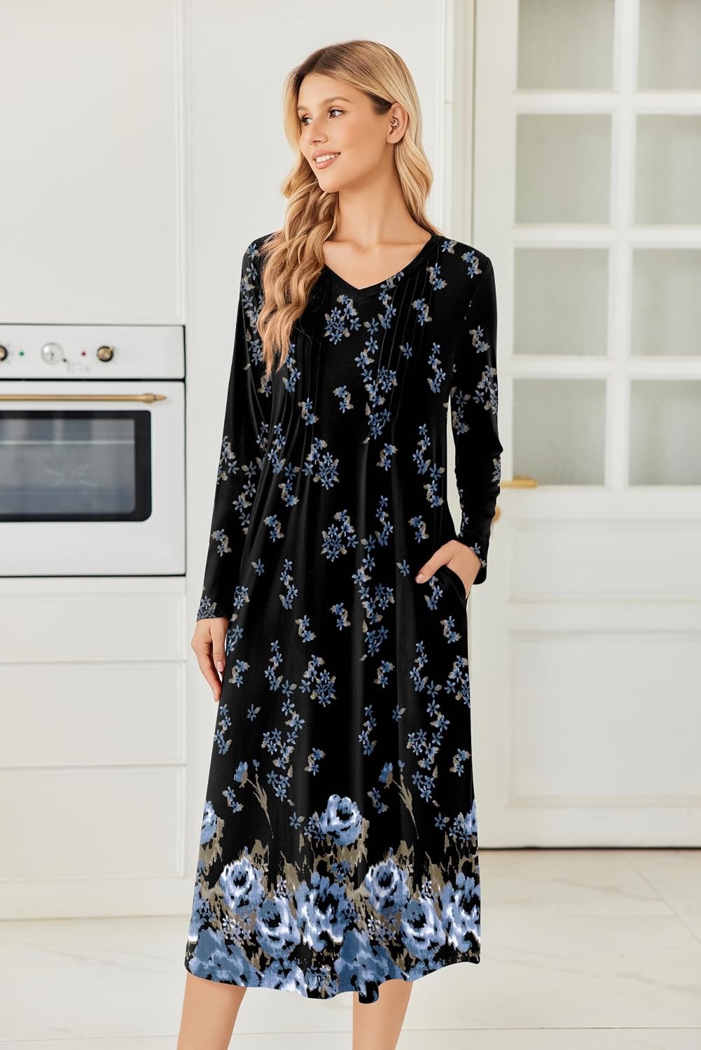 image:imageEkouaer Womens Long Sleeve Nightgown Long Sleepshirt Pleated Sleep DressBlack Blue Floral