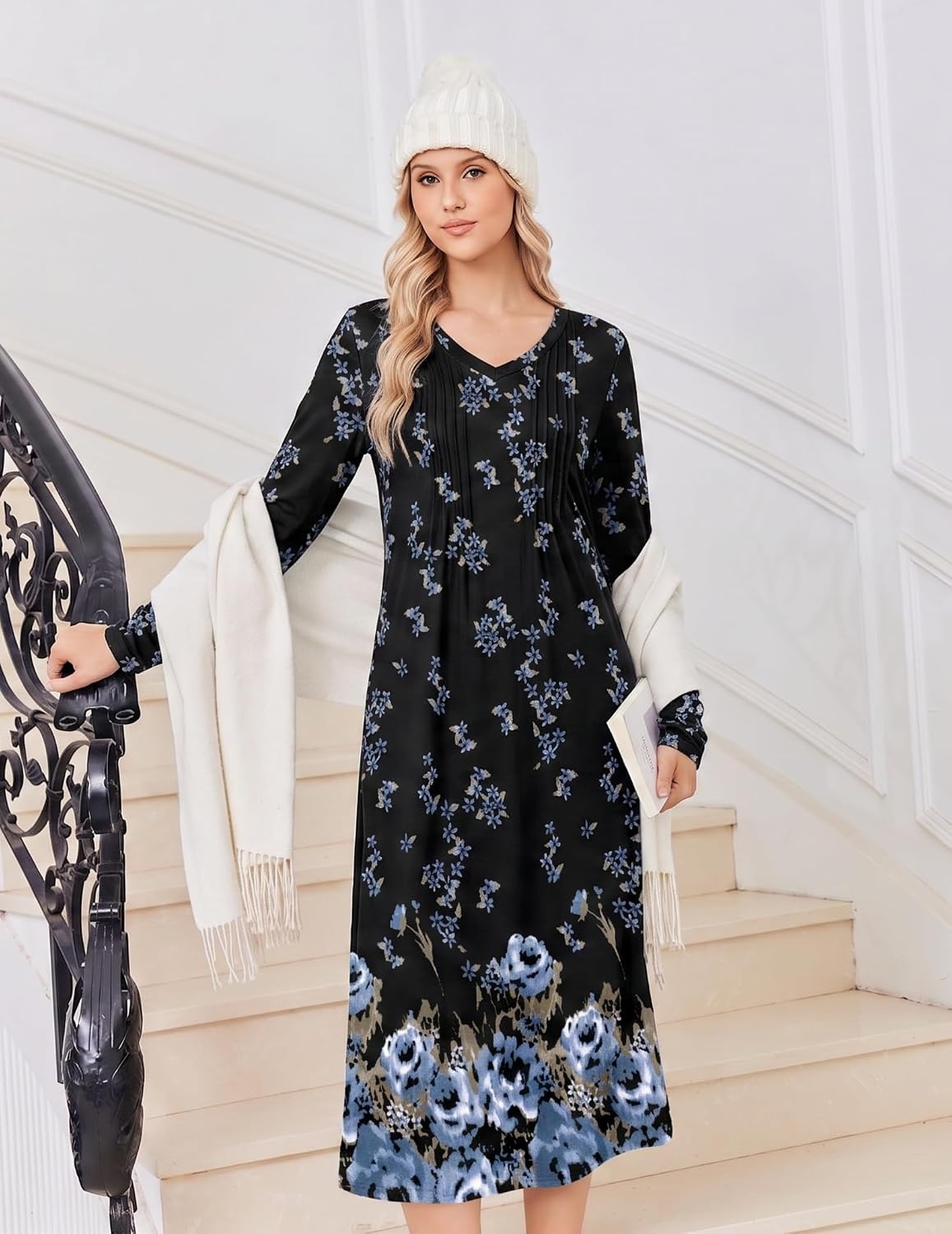 image:imageEkouaer Womens Long Sleeve Nightgown Long Sleepshirt Pleated Sleep DressBlack Blue Floral