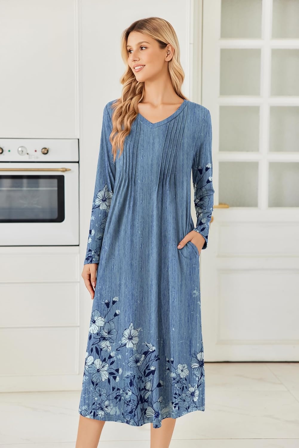 image:imageEkouaer Womens Long Sleeve Nightgown Long Sleepshirt Pleated Sleep DressBlue Floral