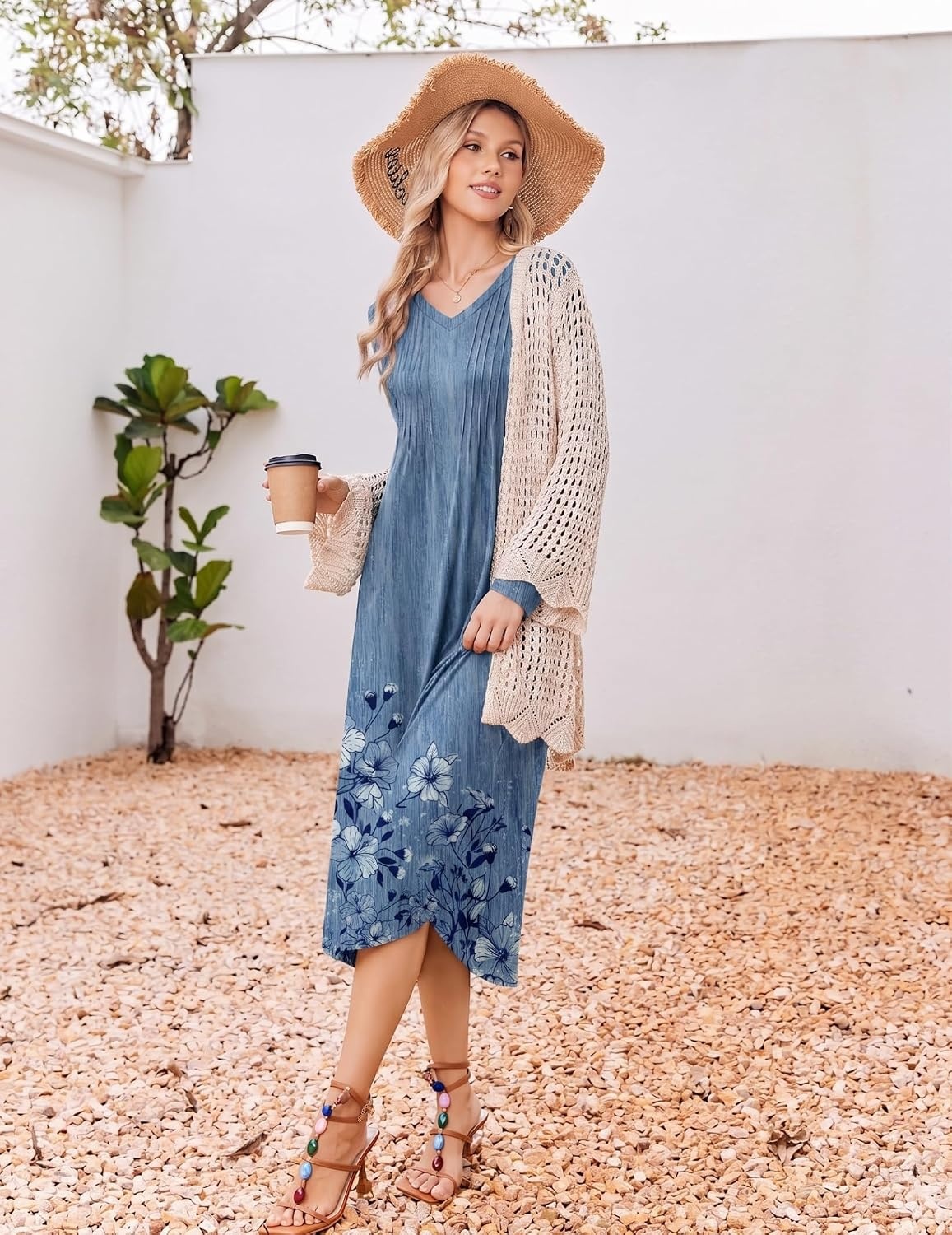 image:imageEkouaer Womens Long Sleeve Nightgown Long Sleepshirt Pleated Sleep DressBlue Floral