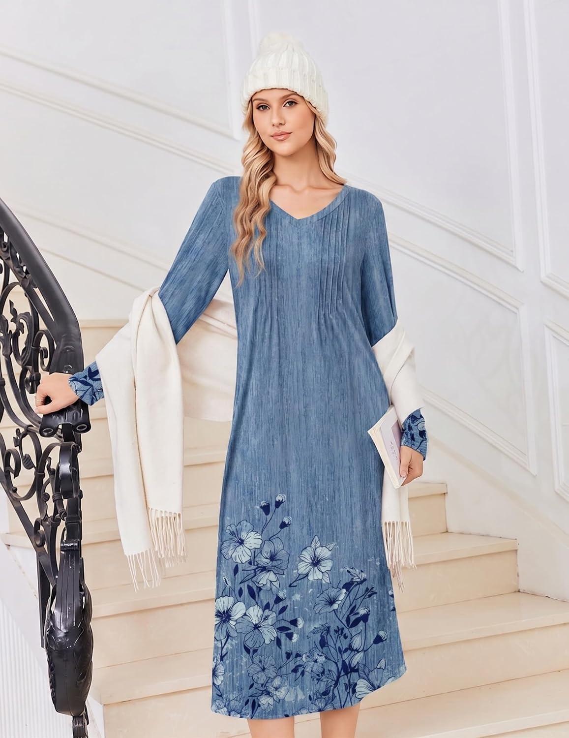 image:imageEkouaer Womens Long Sleeve Nightgown Long Sleepshirt Pleated Sleep DressBlue Floral