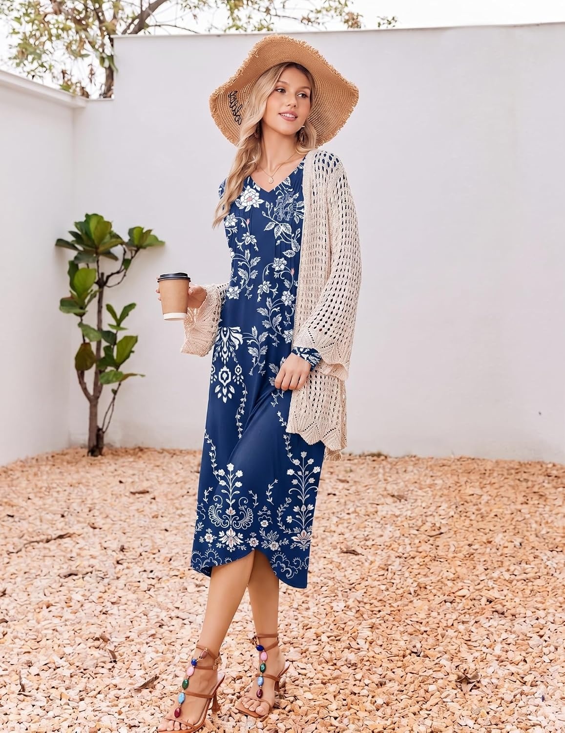 image:imageEkouaer Womens Long Sleeve Nightgown Long Sleepshirt Pleated Sleep DressFloral Navy