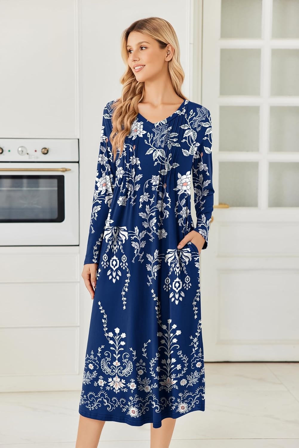 image:imageEkouaer Womens Long Sleeve Nightgown Long Sleepshirt Pleated Sleep DressFloral Navy