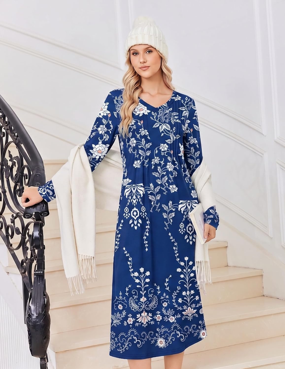 image:imageEkouaer Womens Long Sleeve Nightgown Long Sleepshirt Pleated Sleep DressFloral Navy