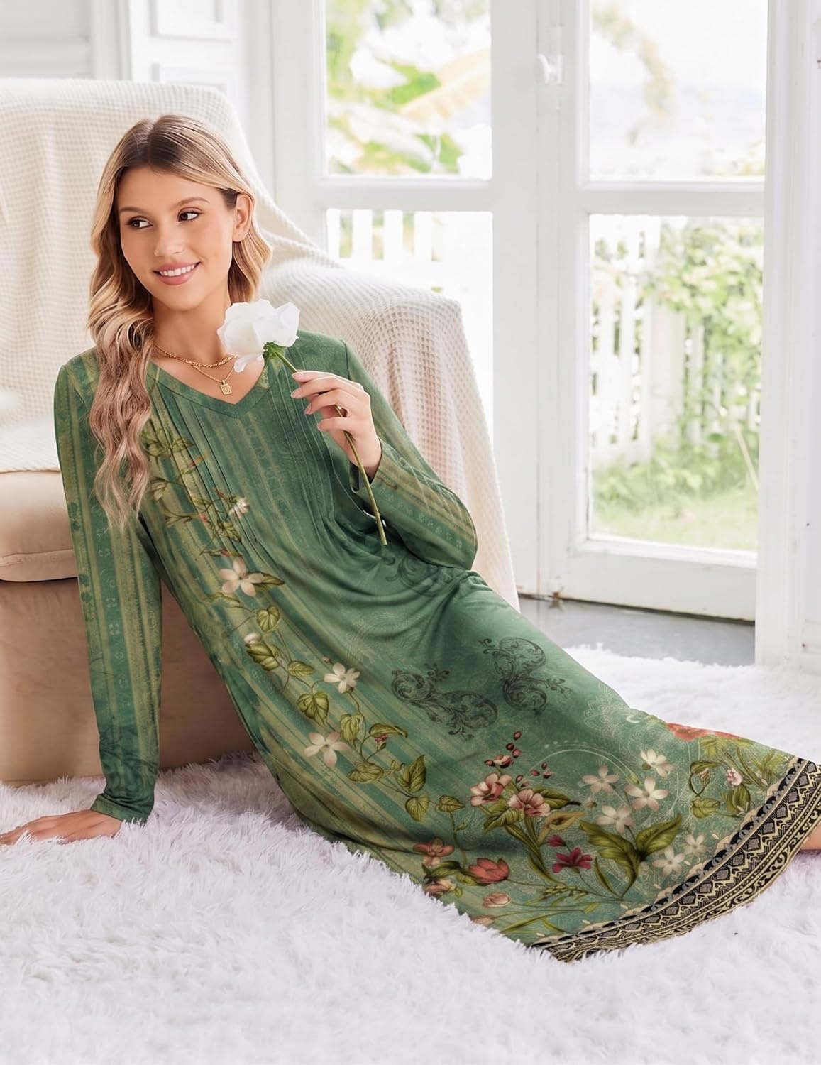 image:imageEkouaer Womens Long Sleeve Nightgown Long Sleepshirt Pleated Sleep DressGreen Floral