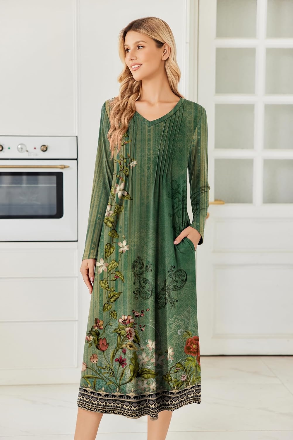 image:imageEkouaer Womens Long Sleeve Nightgown Long Sleepshirt Pleated Sleep DressGreen Floral