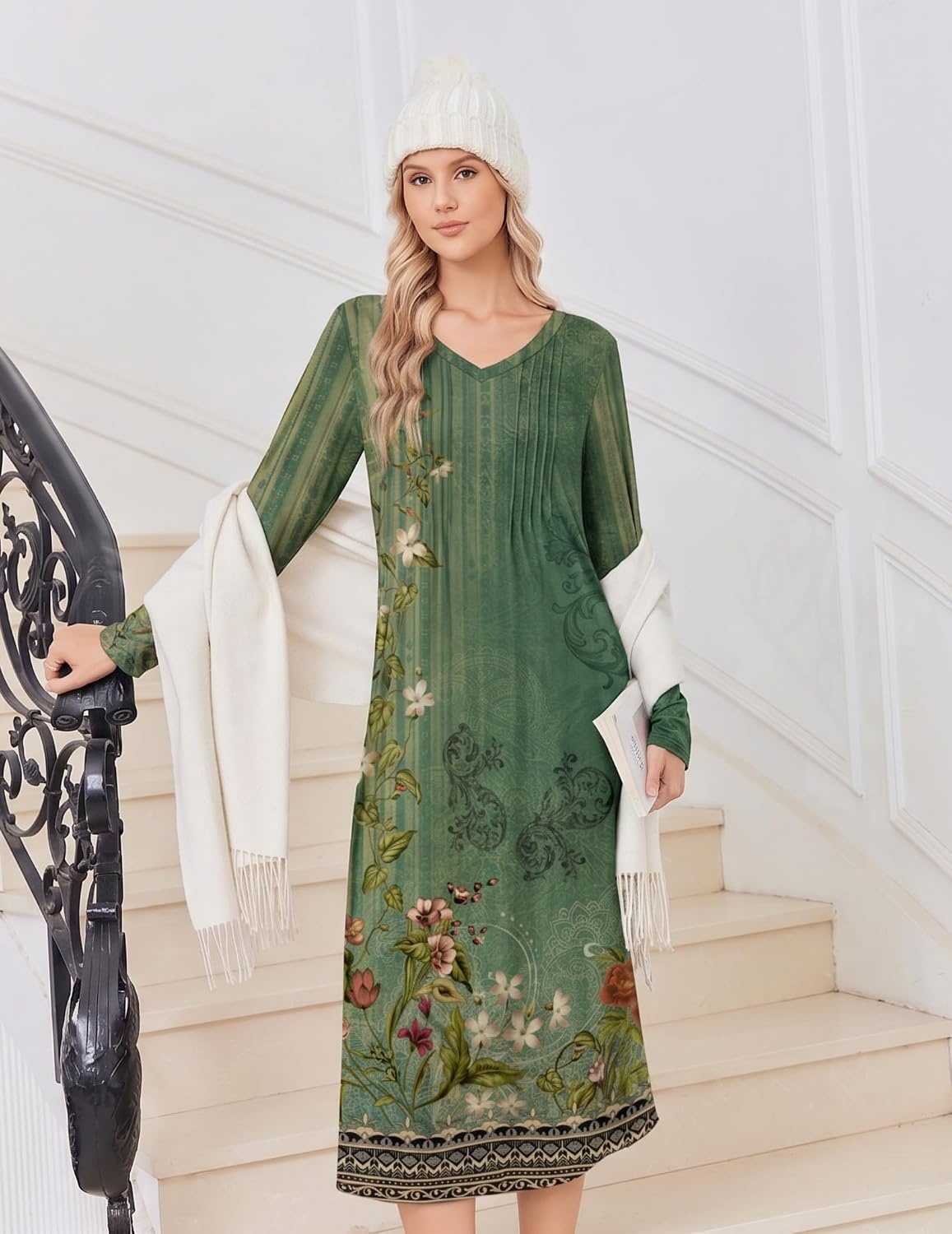 image:imageEkouaer Womens Long Sleeve Nightgown Long Sleepshirt Pleated Sleep DressGreen Floral