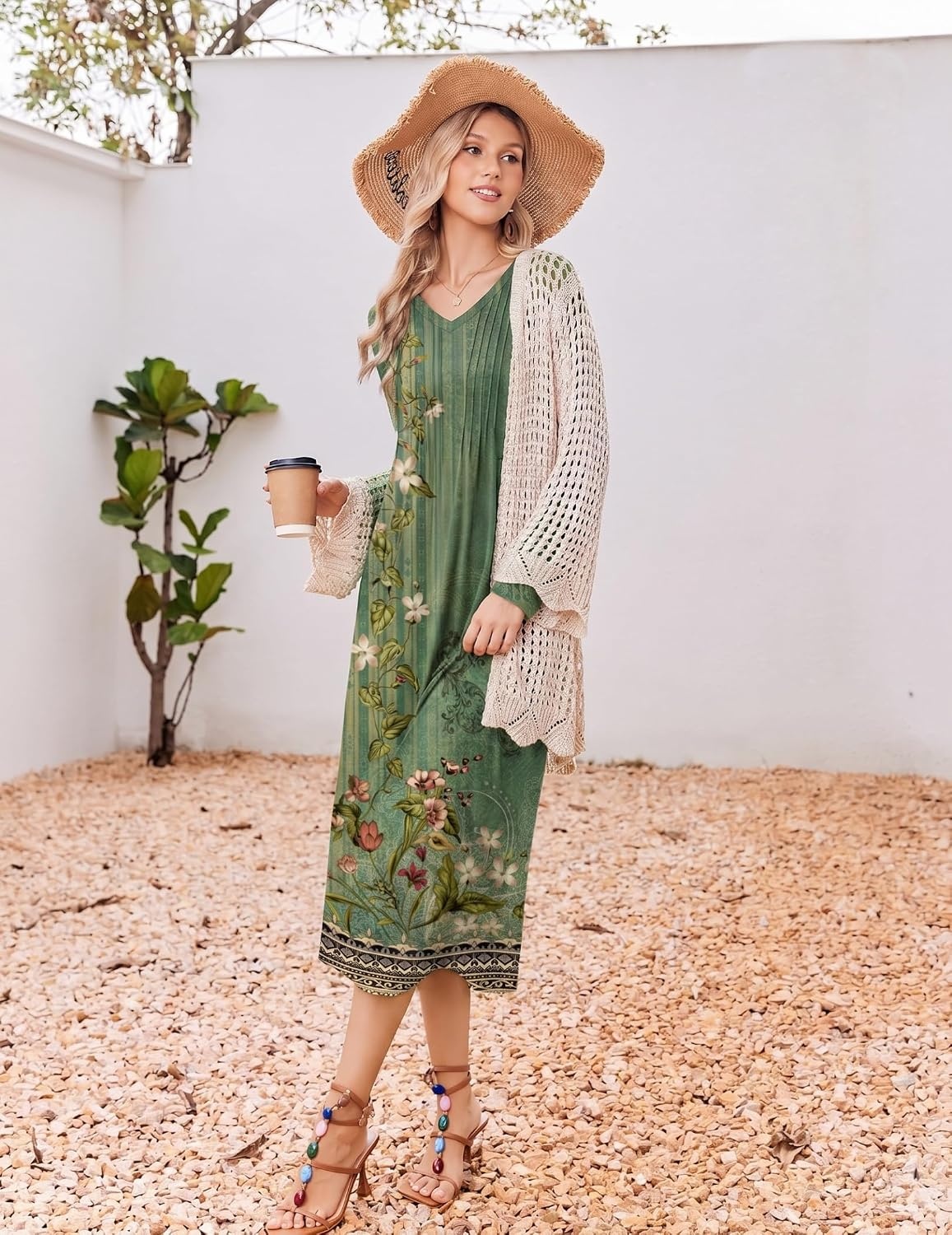 image:imageEkouaer Womens Long Sleeve Nightgown Long Sleepshirt Pleated Sleep DressGreen Floral