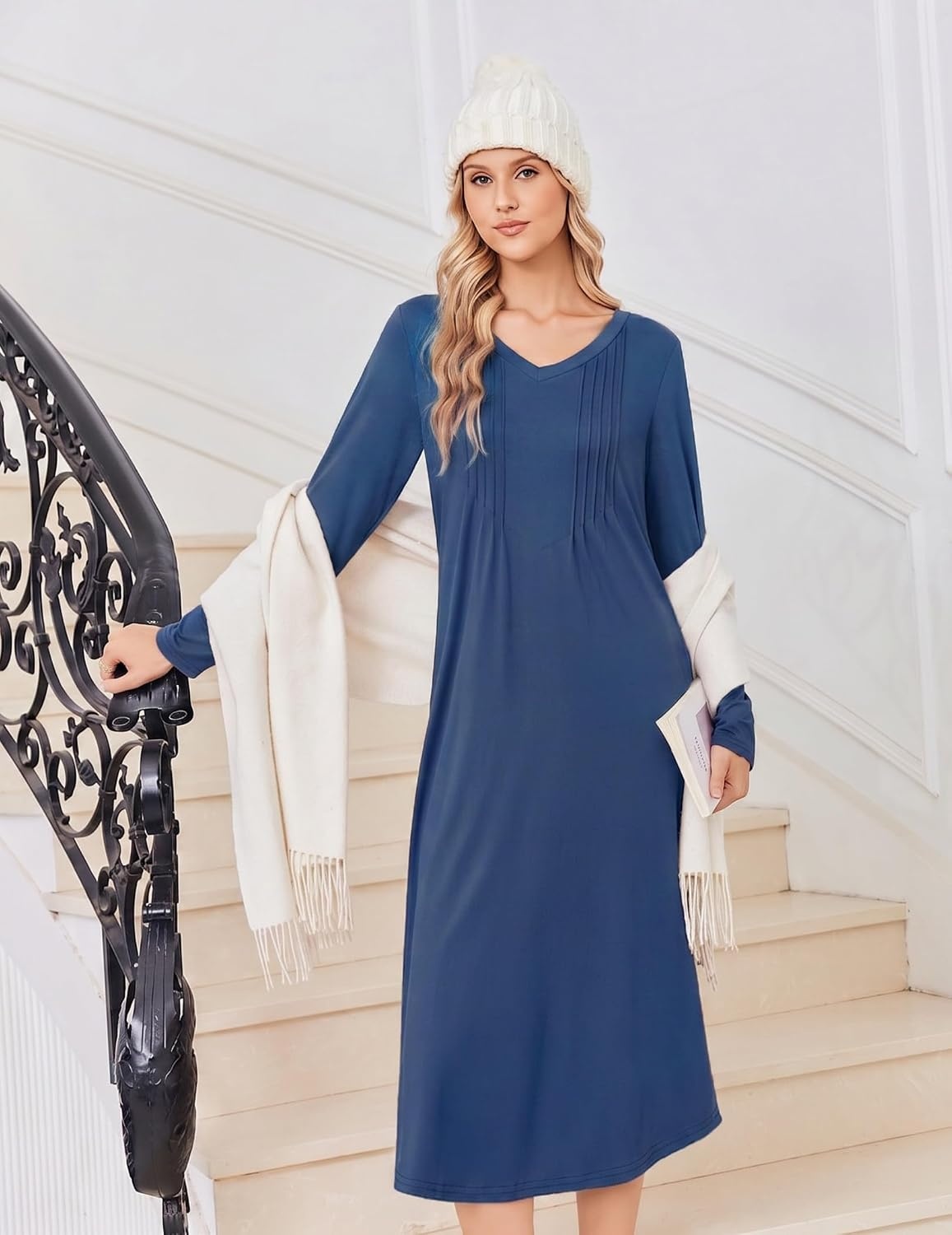 image:imageEkouaer Womens Long Sleeve Nightgown Long Sleepshirt Pleated Sleep DressNavy