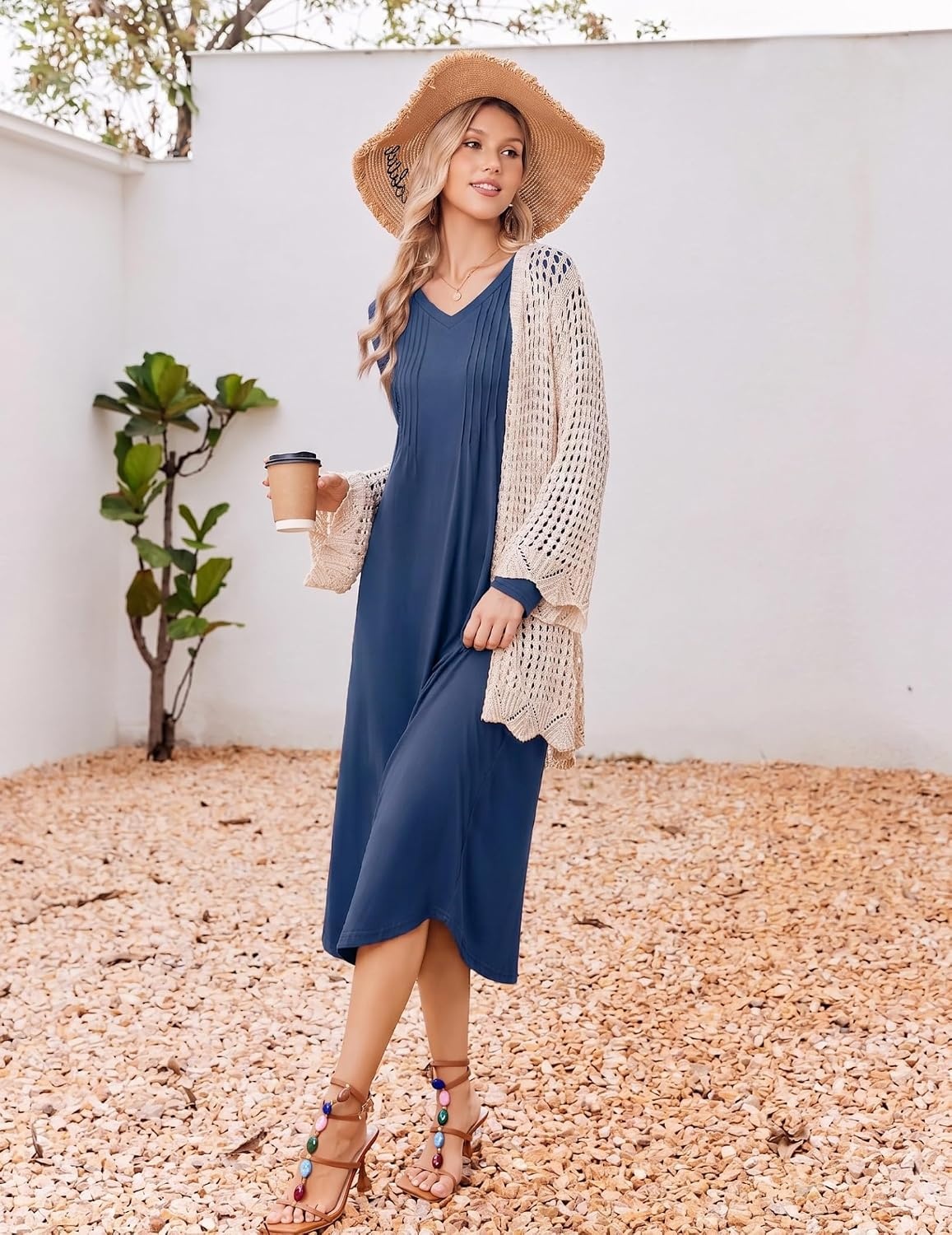 image:imageEkouaer Womens Long Sleeve Nightgown Long Sleepshirt Pleated Sleep DressNavy