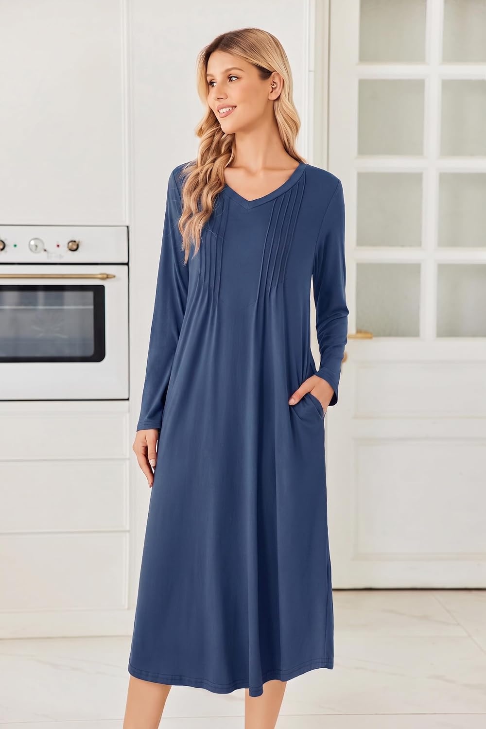 image:imageEkouaer Womens Long Sleeve Nightgown Long Sleepshirt Pleated Sleep DressNavy