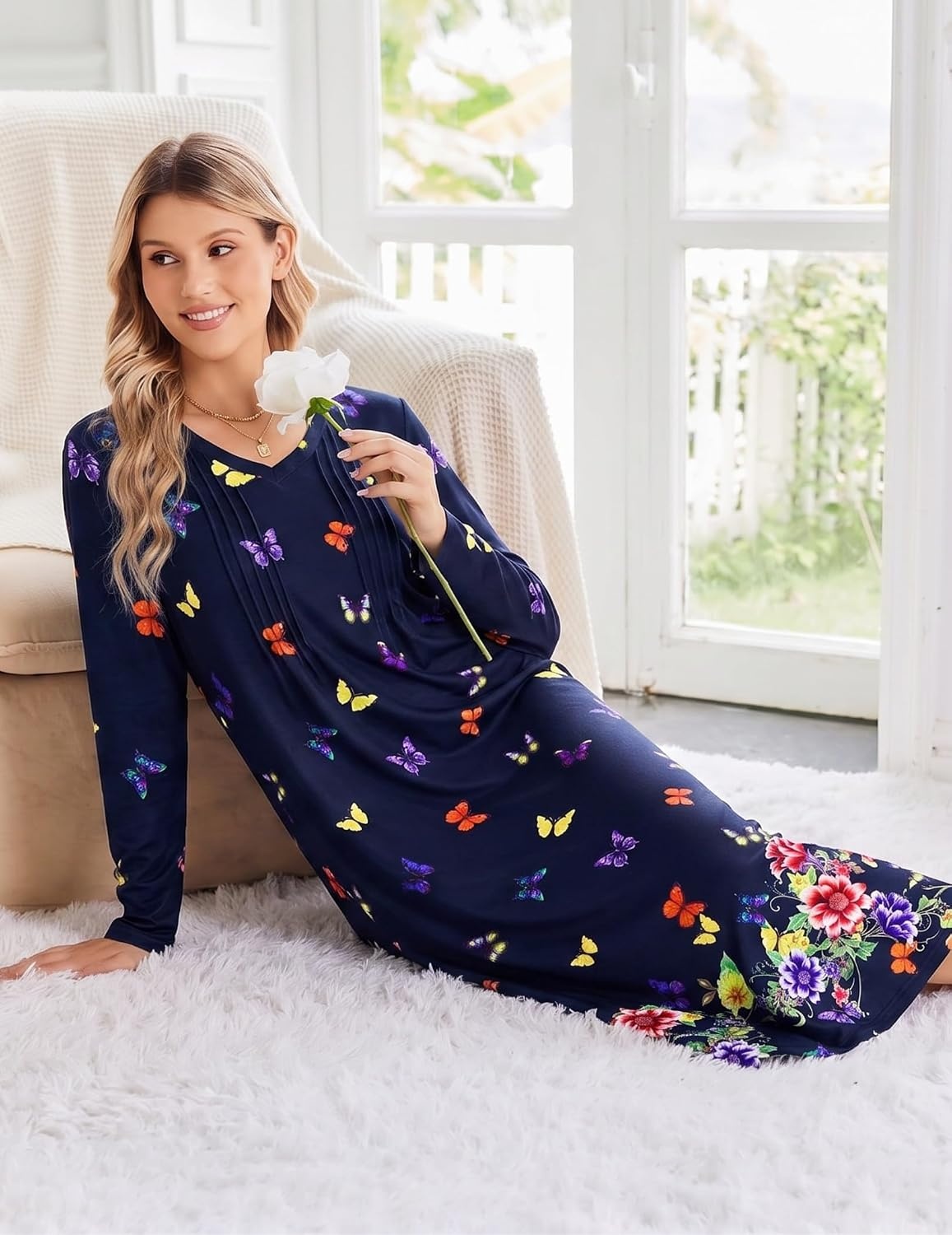 image:imageEkouaer Womens Long Sleeve Nightgown Long Sleepshirt Pleated Sleep DressNavy Blue Butterfly