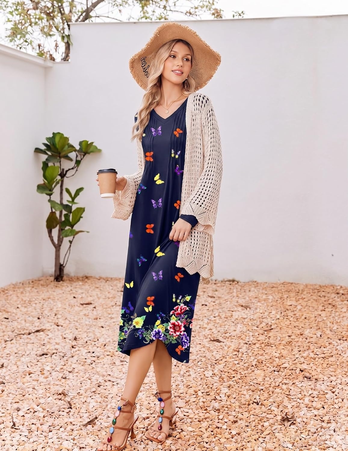 image:imageEkouaer Womens Long Sleeve Nightgown Long Sleepshirt Pleated Sleep DressNavy Blue Butterfly