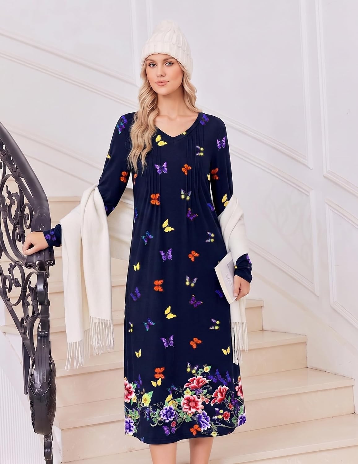 image:imageEkouaer Womens Long Sleeve Nightgown Long Sleepshirt Pleated Sleep DressNavy Blue Butterfly