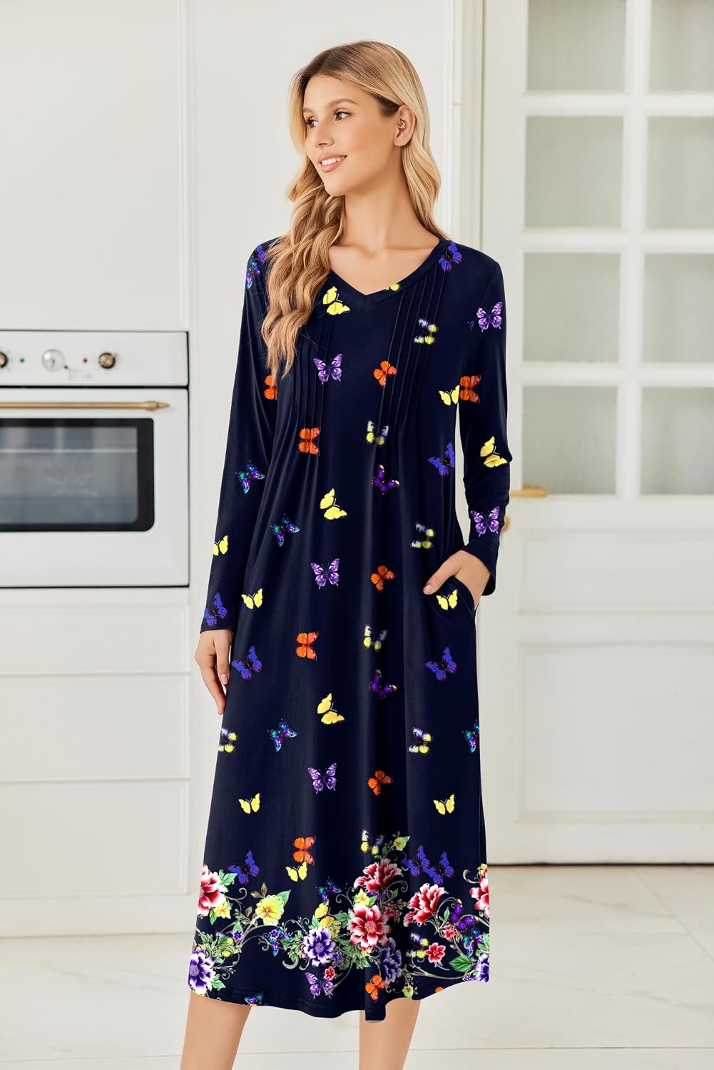 image:imageEkouaer Womens Long Sleeve Nightgown Long Sleepshirt Pleated Sleep DressNavy Blue Butterfly