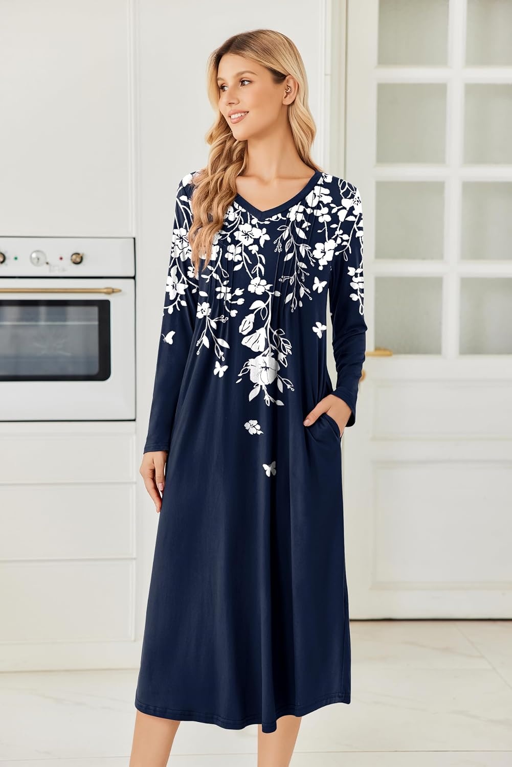 image:imageEkouaer Womens Long Sleeve Nightgown Long Sleepshirt Pleated Sleep DressNavy Blue Flower