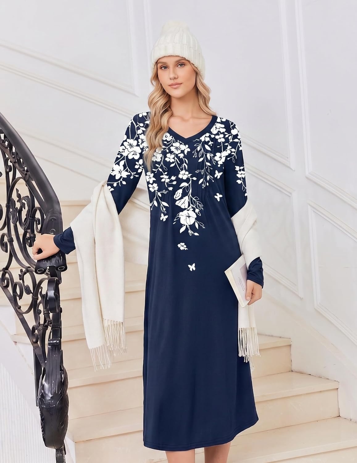 image:imageEkouaer Womens Long Sleeve Nightgown Long Sleepshirt Pleated Sleep DressNavy Blue Flower
