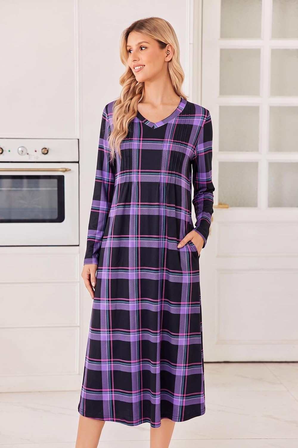 image:imageEkouaer Womens Long Sleeve Nightgown Long Sleepshirt Pleated Sleep DressPurple Black Plaid