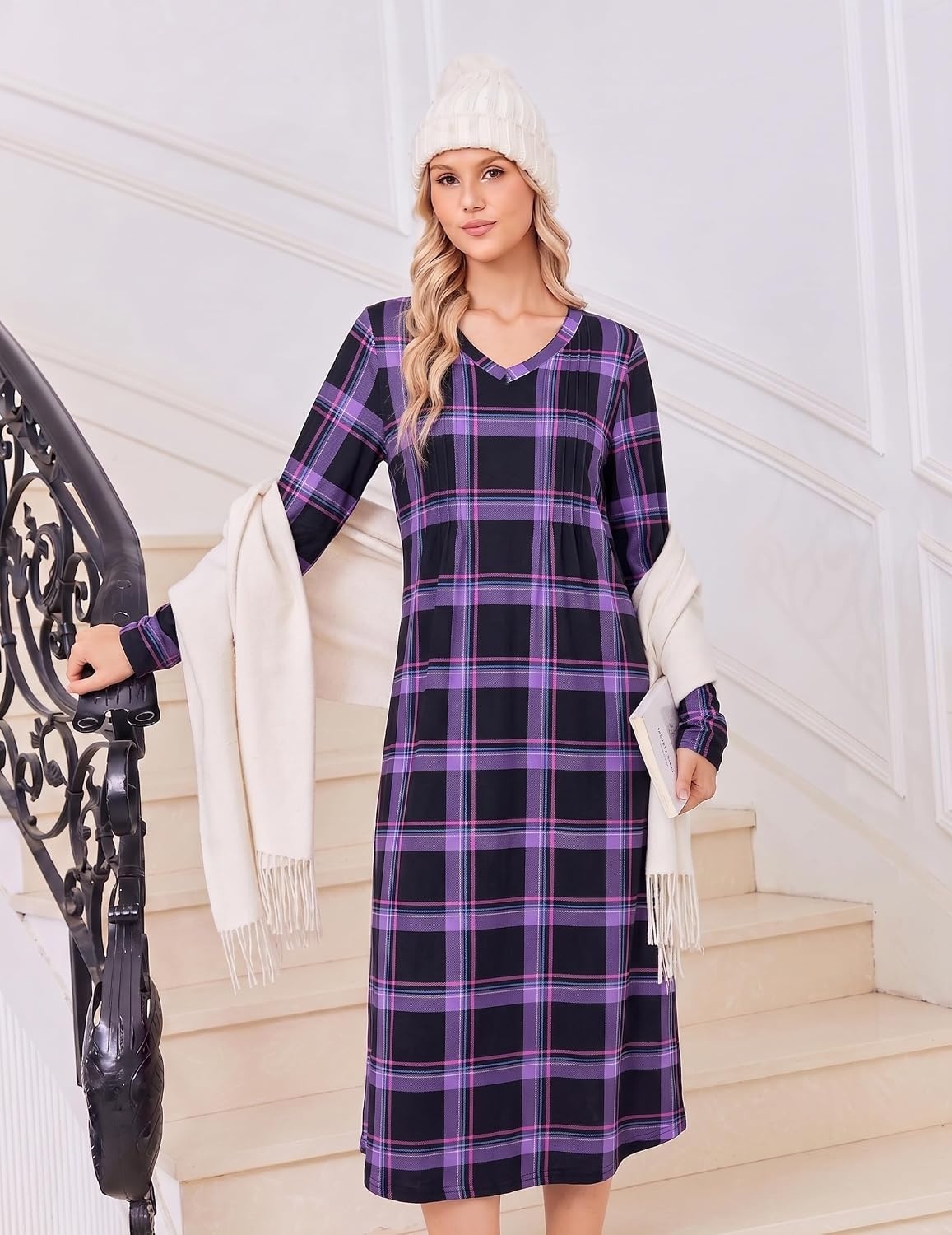 image:imageEkouaer Womens Long Sleeve Nightgown Long Sleepshirt Pleated Sleep DressPurple Black Plaid