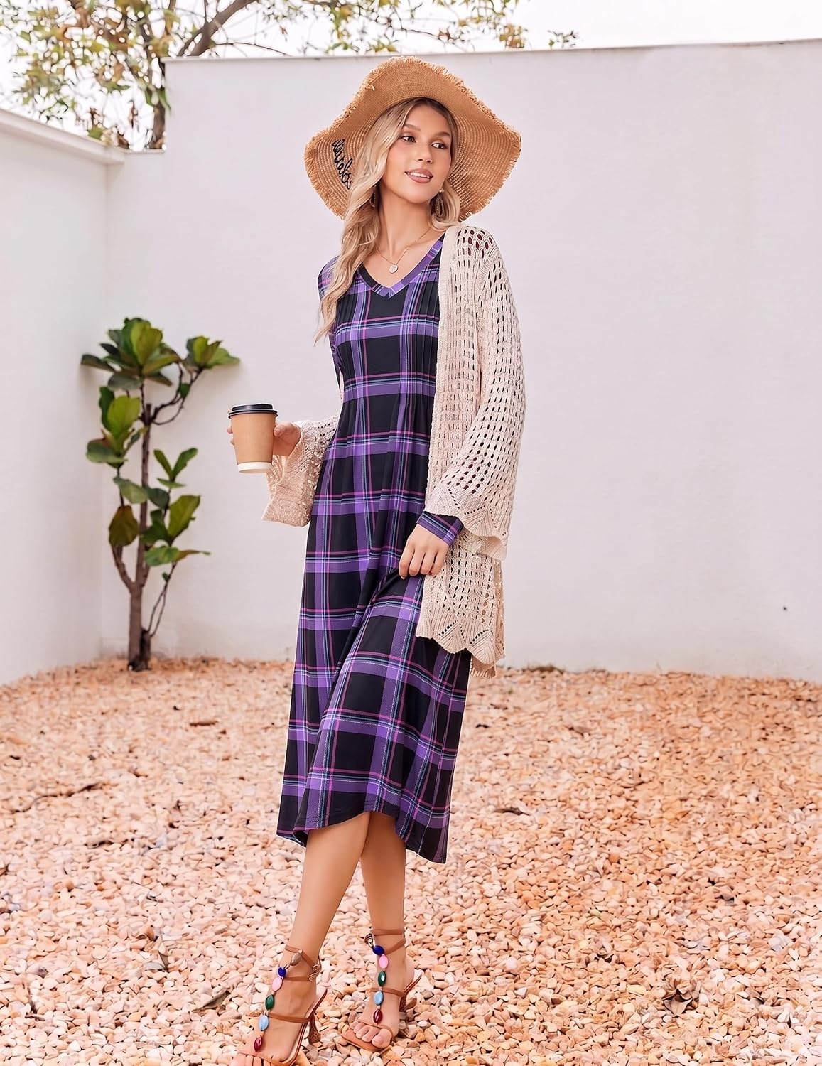 image:imageEkouaer Womens Long Sleeve Nightgown Long Sleepshirt Pleated Sleep DressPurple Black Plaid