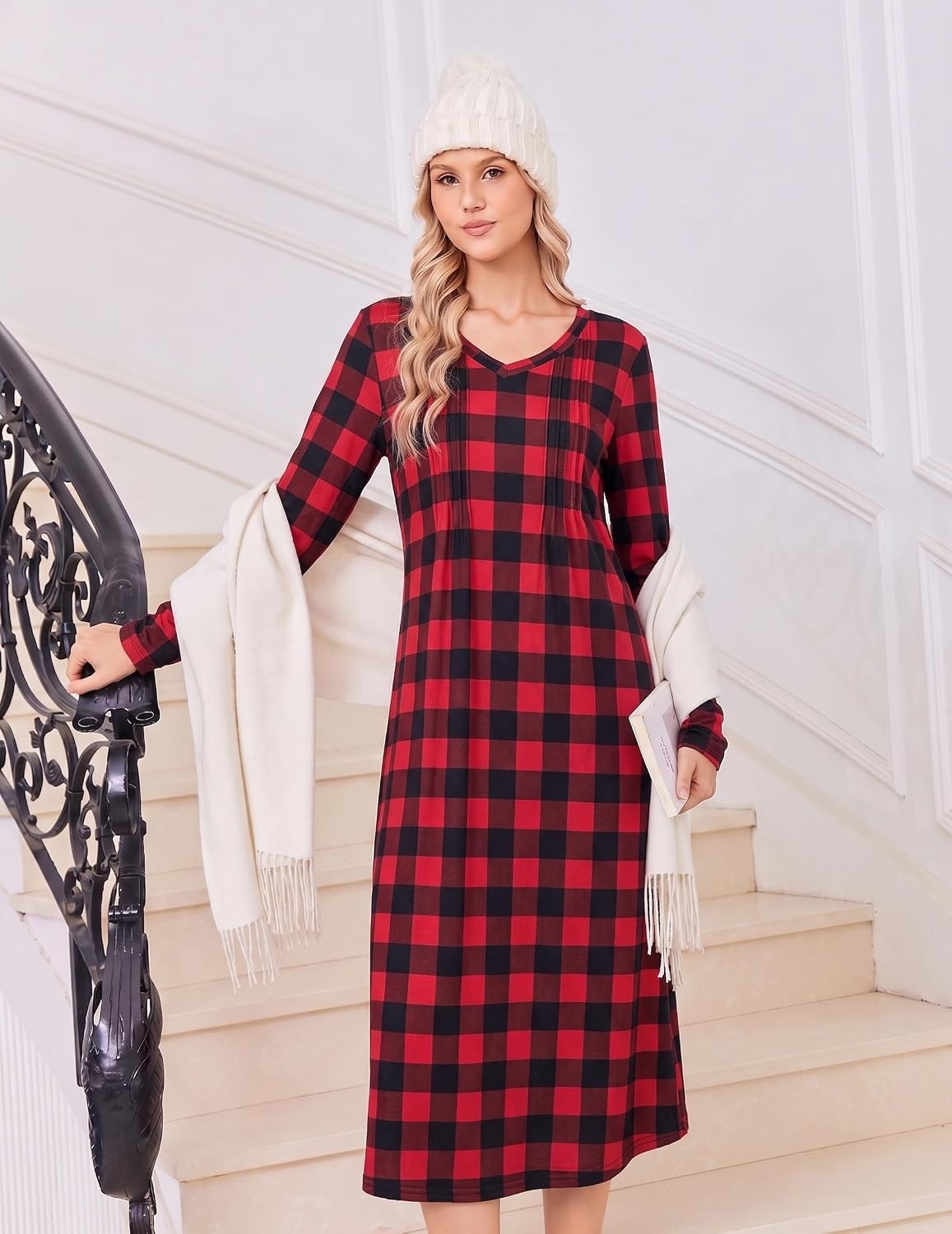 image:imageEkouaer Womens Long Sleeve Nightgown Long Sleepshirt Pleated Sleep DressRed Black Plaid