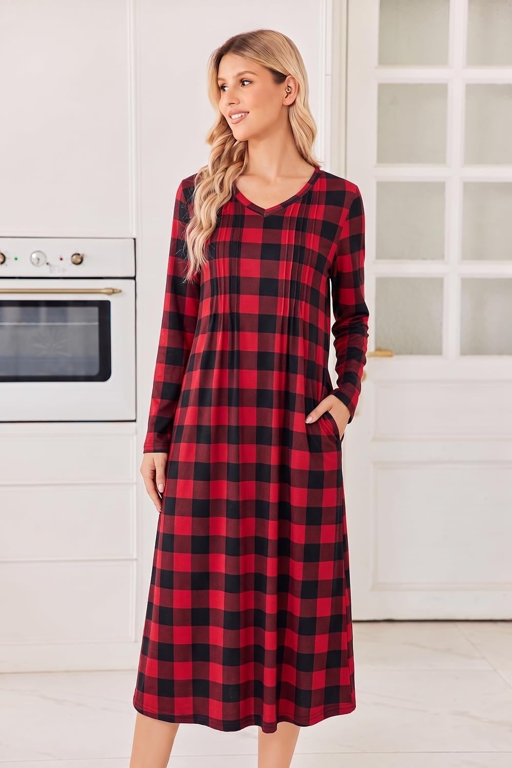 image:imageEkouaer Womens Long Sleeve Nightgown Long Sleepshirt Pleated Sleep DressRed Black Plaid