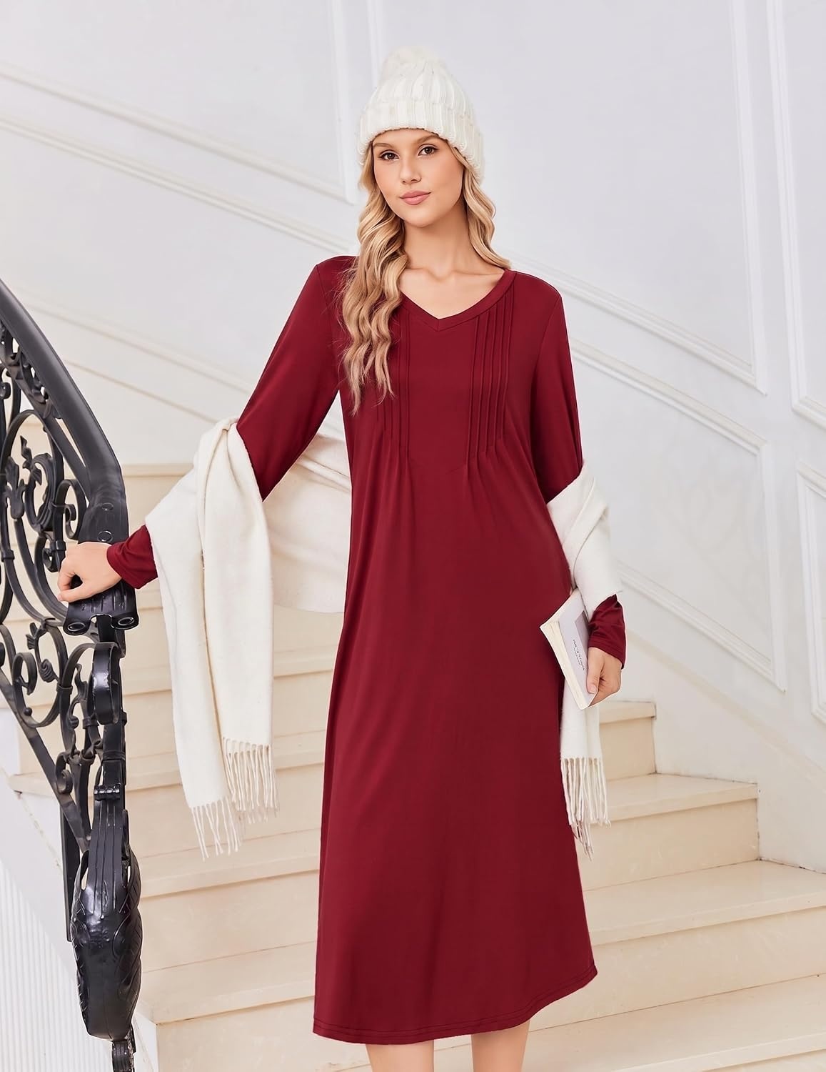 image:imageEkouaer Womens Long Sleeve Nightgown Long Sleepshirt Pleated Sleep DressWine Red