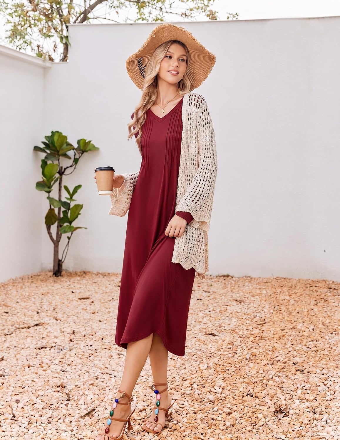 image:imageEkouaer Womens Long Sleeve Nightgown Long Sleepshirt Pleated Sleep DressWine Red