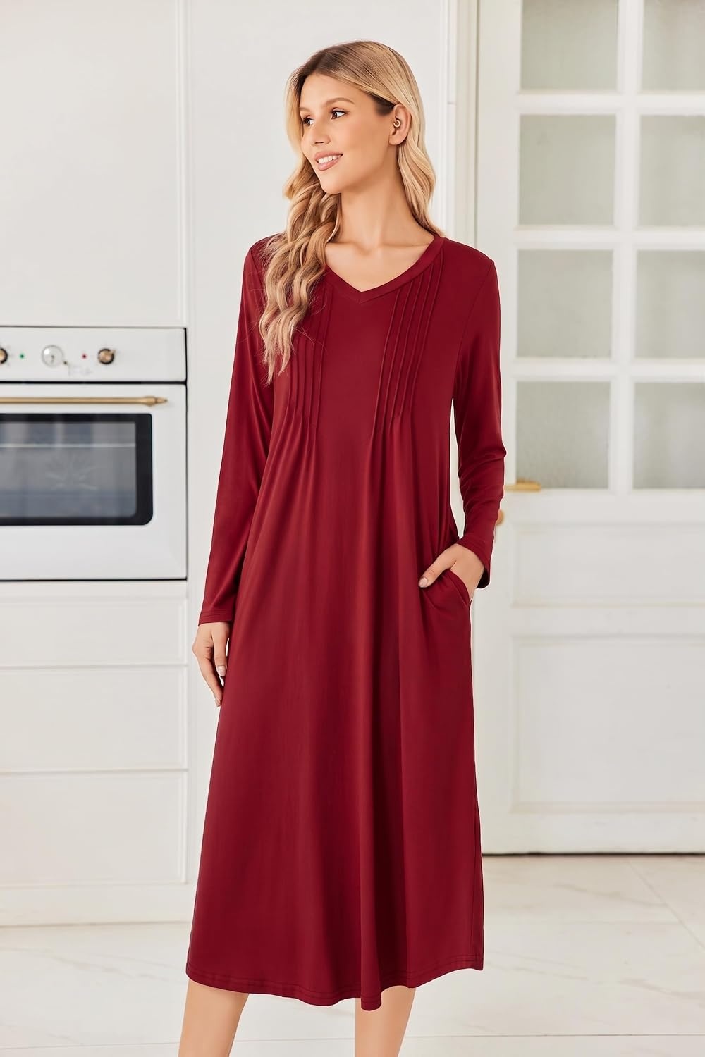 image:imageEkouaer Womens Long Sleeve Nightgown Long Sleepshirt Pleated Sleep DressWine Red