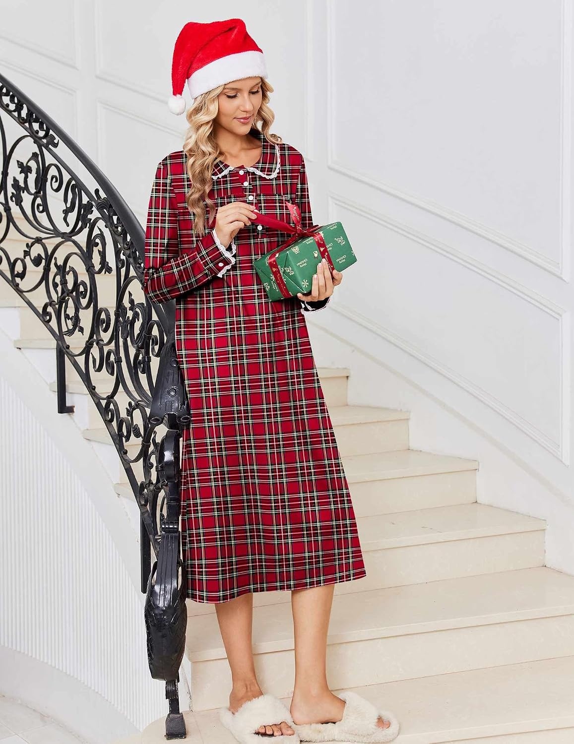 image:imageEkouaer Womens Long Sleeve Nightgowns Christmas Nightgown Henley House CoatApple Red Plaid