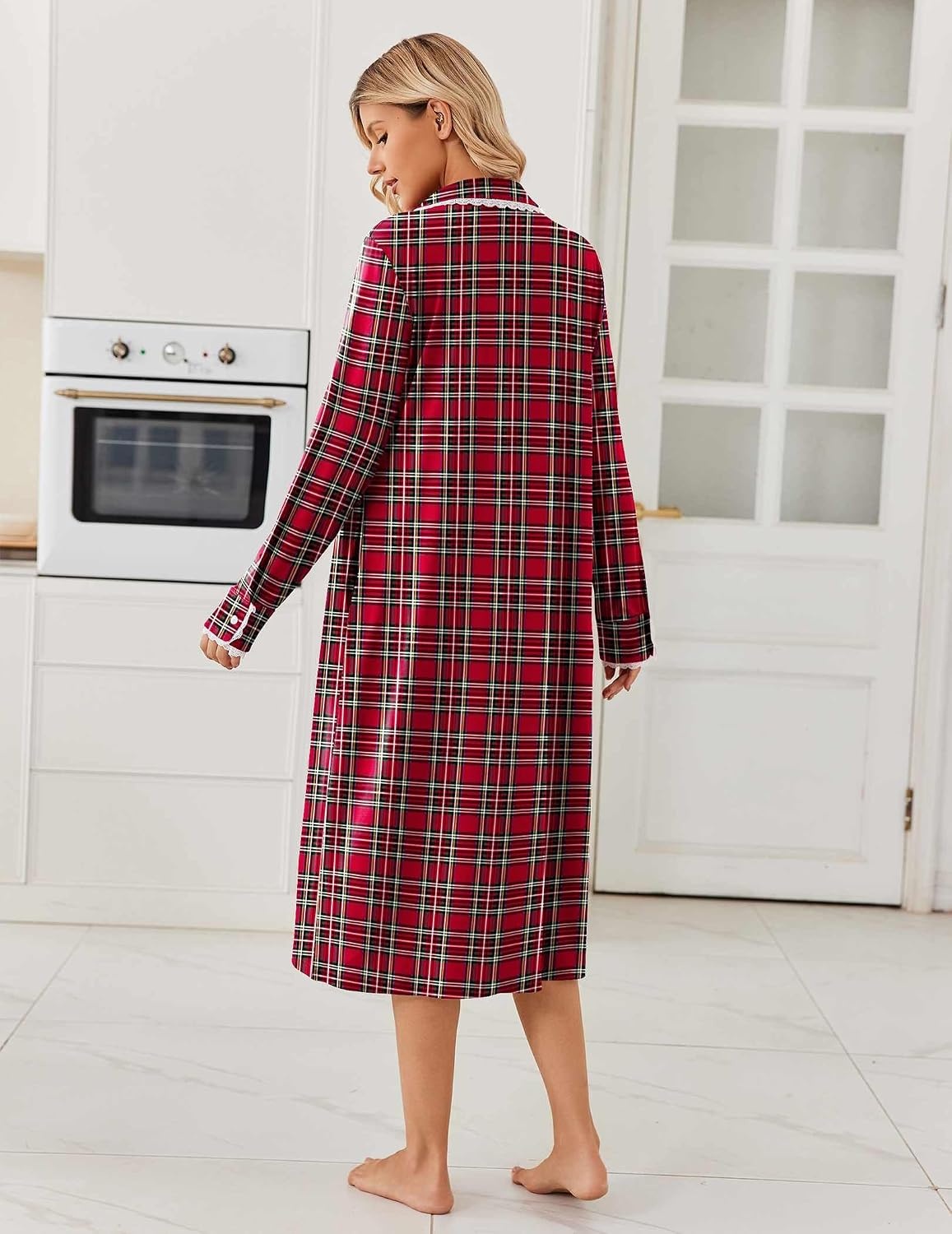 image:imageEkouaer Womens Long Sleeve Nightgowns Christmas Nightgown Henley House CoatApple Red Plaid