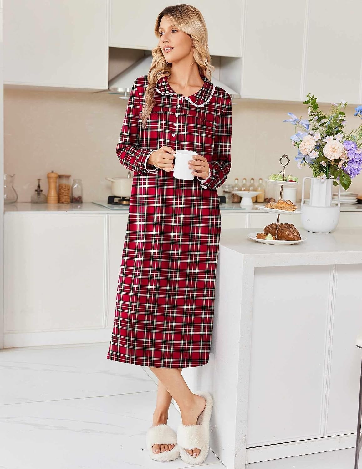 image:imageEkouaer Womens Long Sleeve Nightgowns Christmas Nightgown Henley House CoatApple Red Plaid