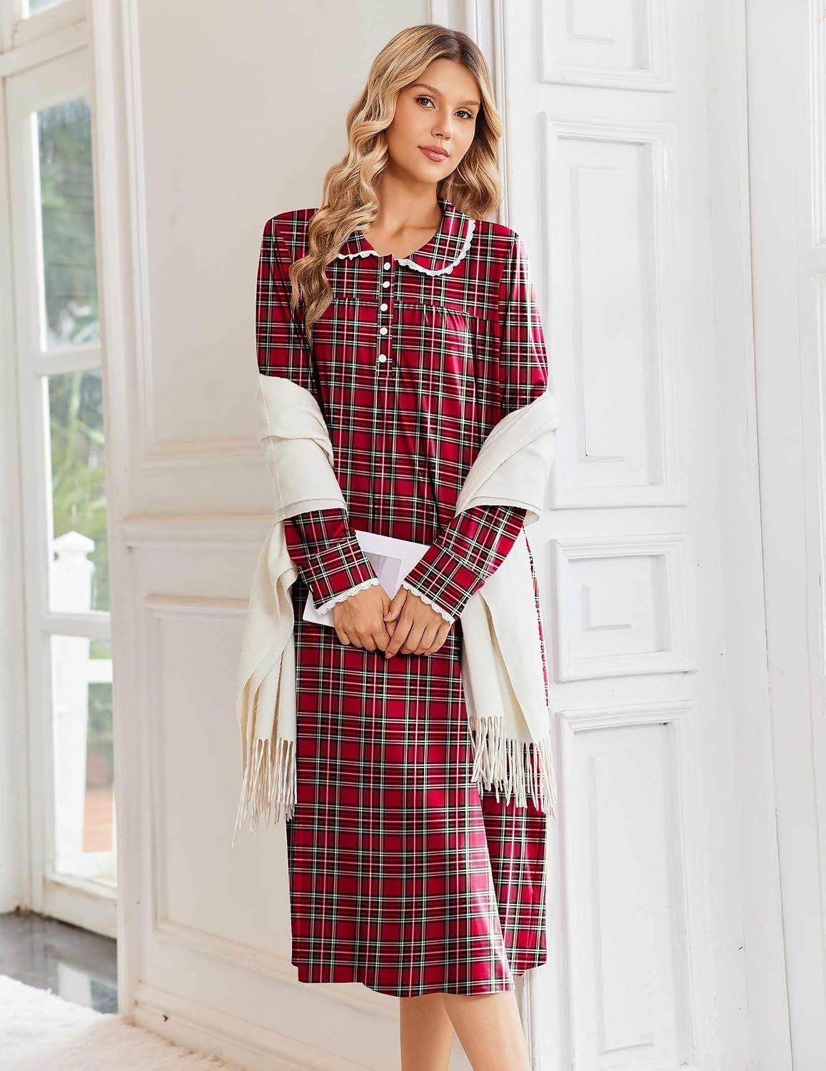 image:imageEkouaer Womens Long Sleeve Nightgowns Christmas Nightgown Henley House CoatApple Red Plaid