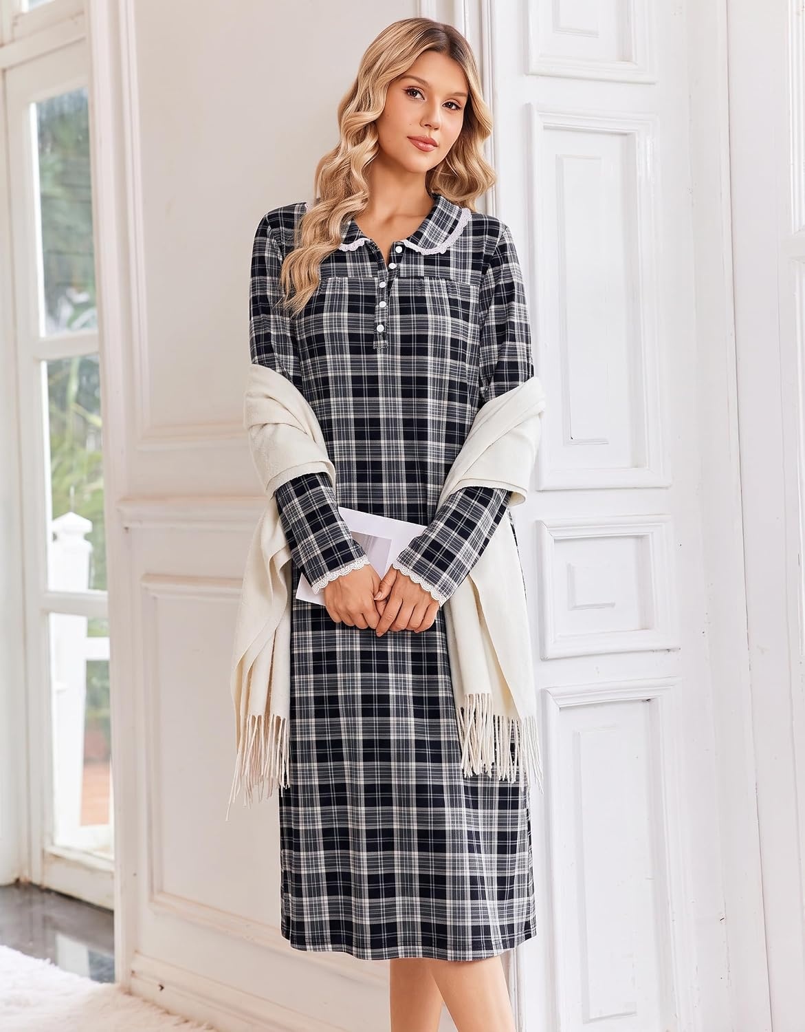 image:imageEkouaer Womens Long Sleeve Nightgowns Christmas Nightgown Henley House CoatBlack and Grey Plaid