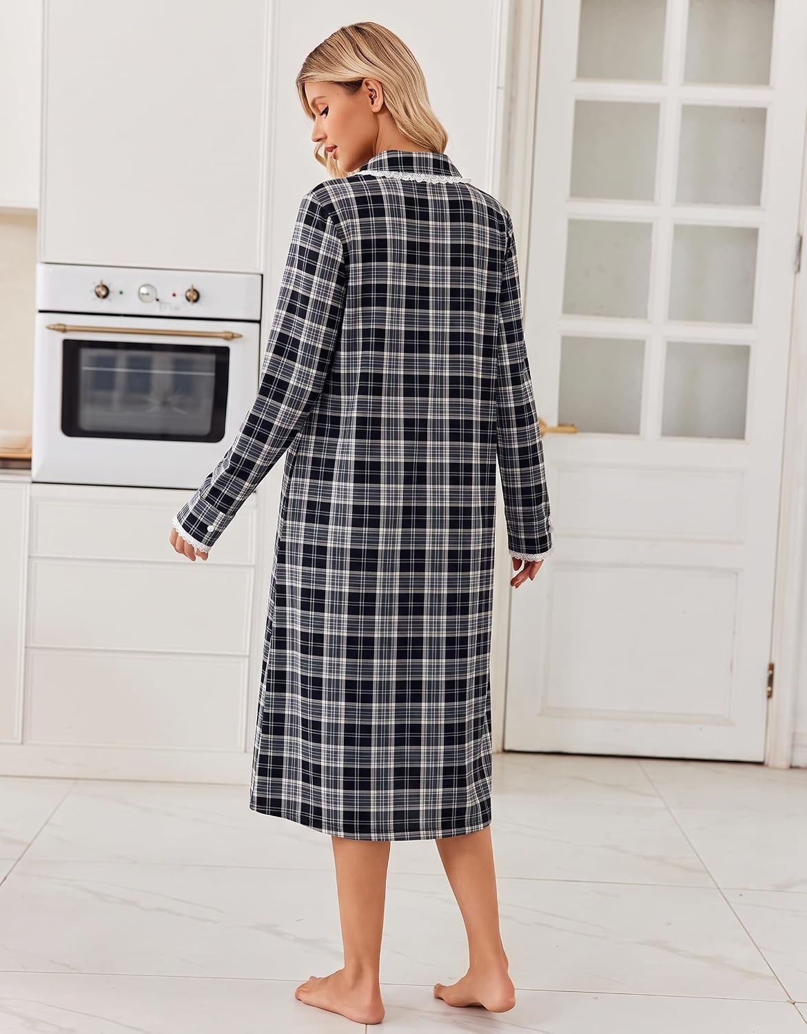 image:imageEkouaer Womens Long Sleeve Nightgowns Christmas Nightgown Henley House CoatBlack and Grey Plaid