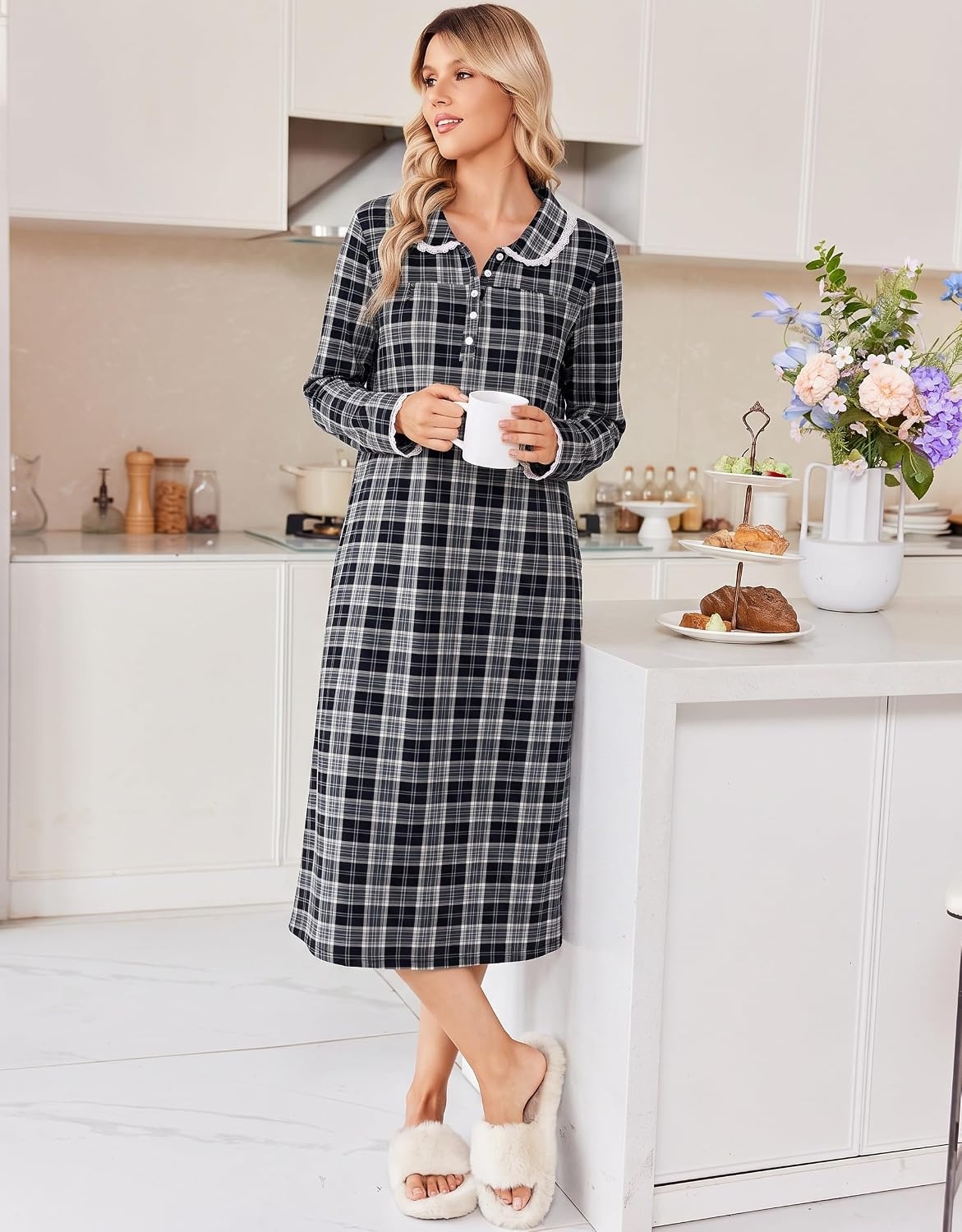 image:imageEkouaer Womens Long Sleeve Nightgowns Christmas Nightgown Henley House CoatBlack and Grey Plaid
