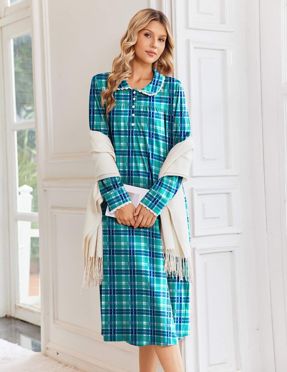 image:imageEkouaer Womens Long Sleeve Nightgowns Christmas Nightgown Henley House CoatBlue Green Plaid