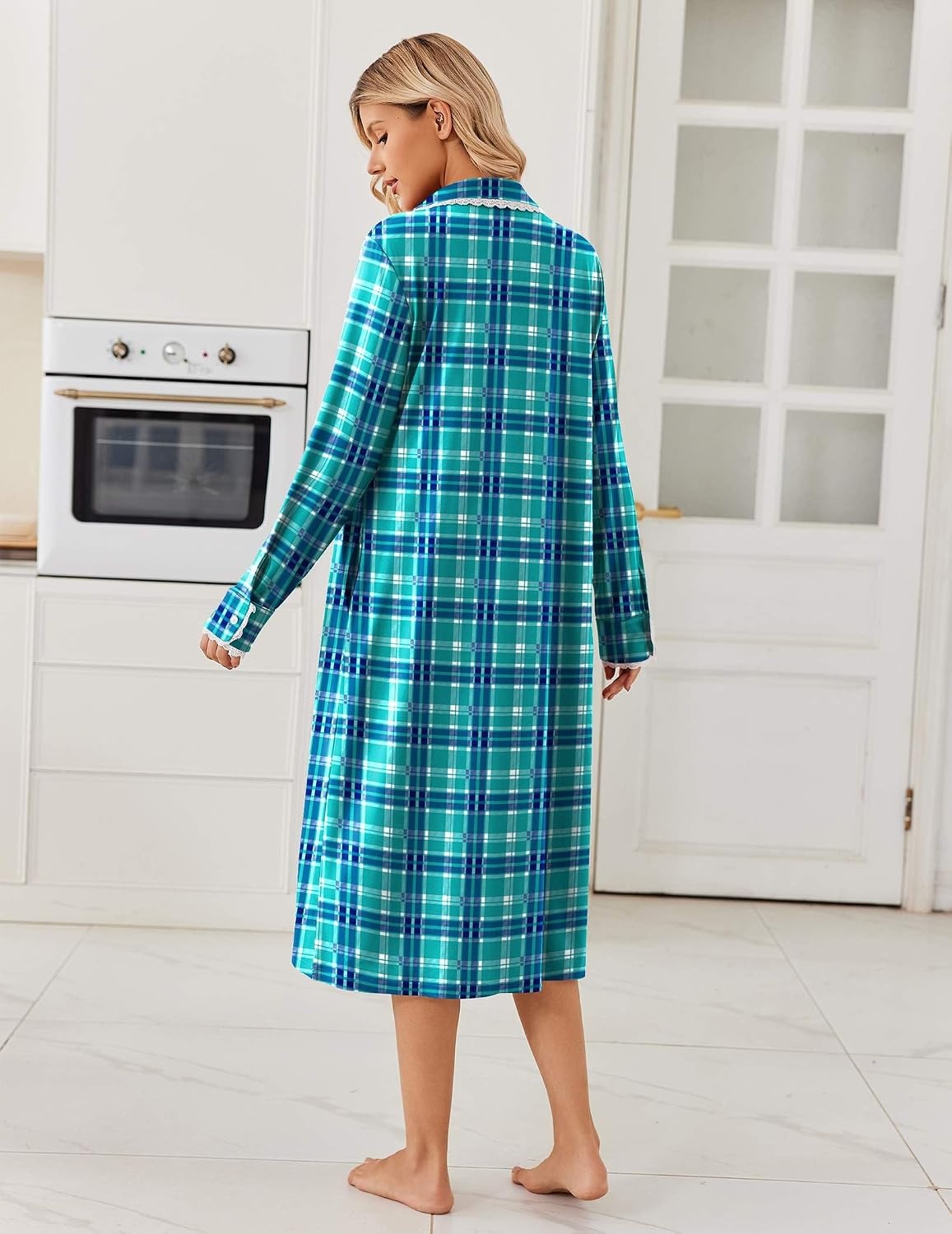 image:imageEkouaer Womens Long Sleeve Nightgowns Christmas Nightgown Henley House CoatBlue Green Plaid