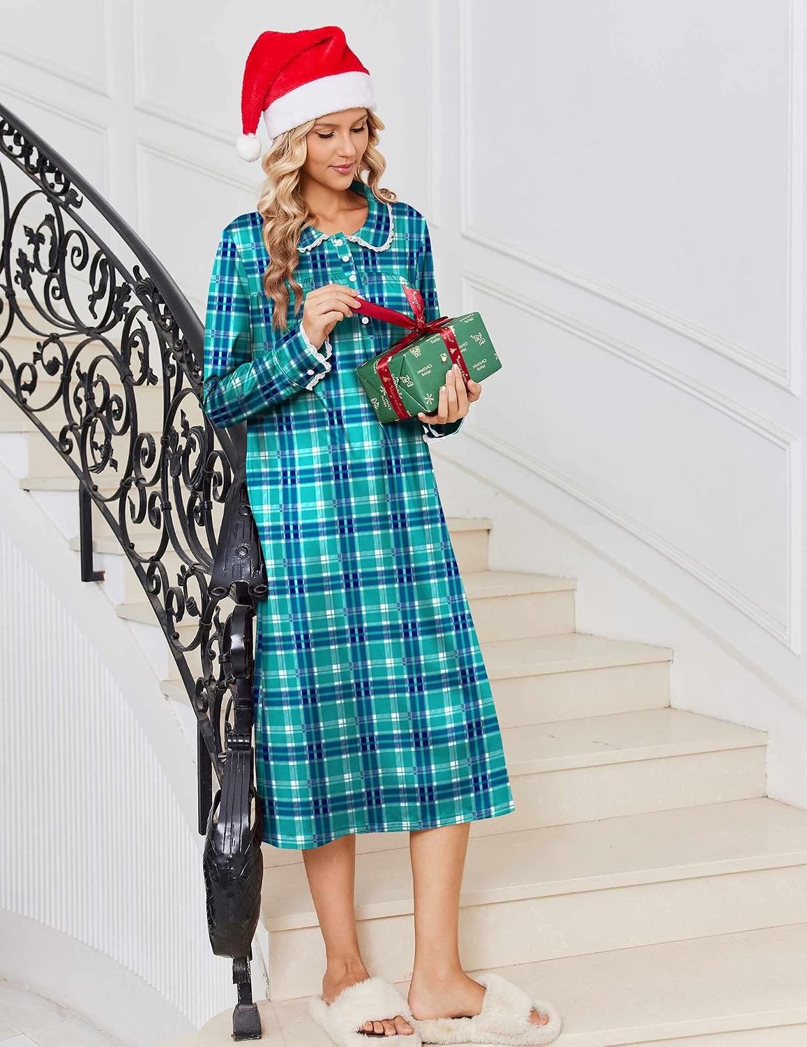 image:imageEkouaer Womens Long Sleeve Nightgowns Christmas Nightgown Henley House CoatBlue Green Plaid
