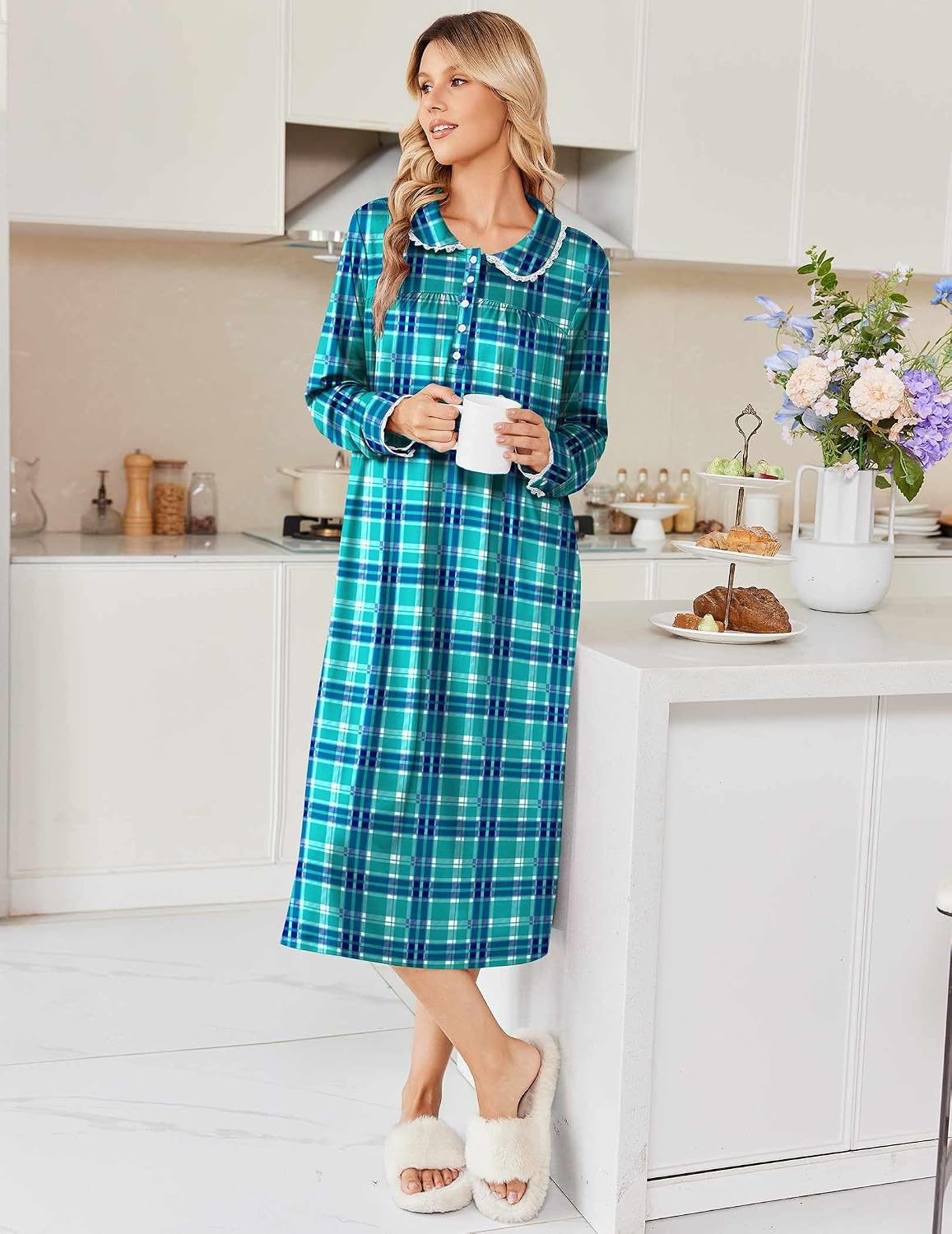 image:imageEkouaer Womens Long Sleeve Nightgowns Christmas Nightgown Henley House CoatBlue Green Plaid