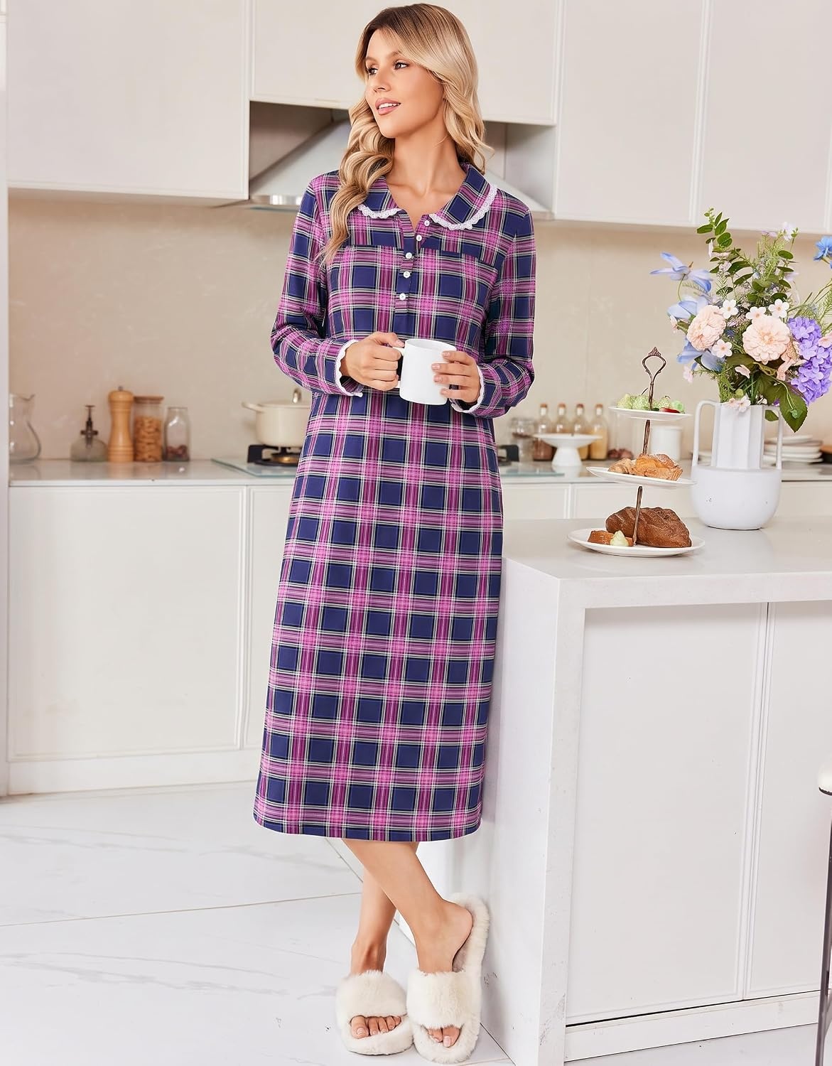 image:imageEkouaer Womens Long Sleeve Nightgowns Christmas Nightgown Henley House CoatBlue and Purple Plaid