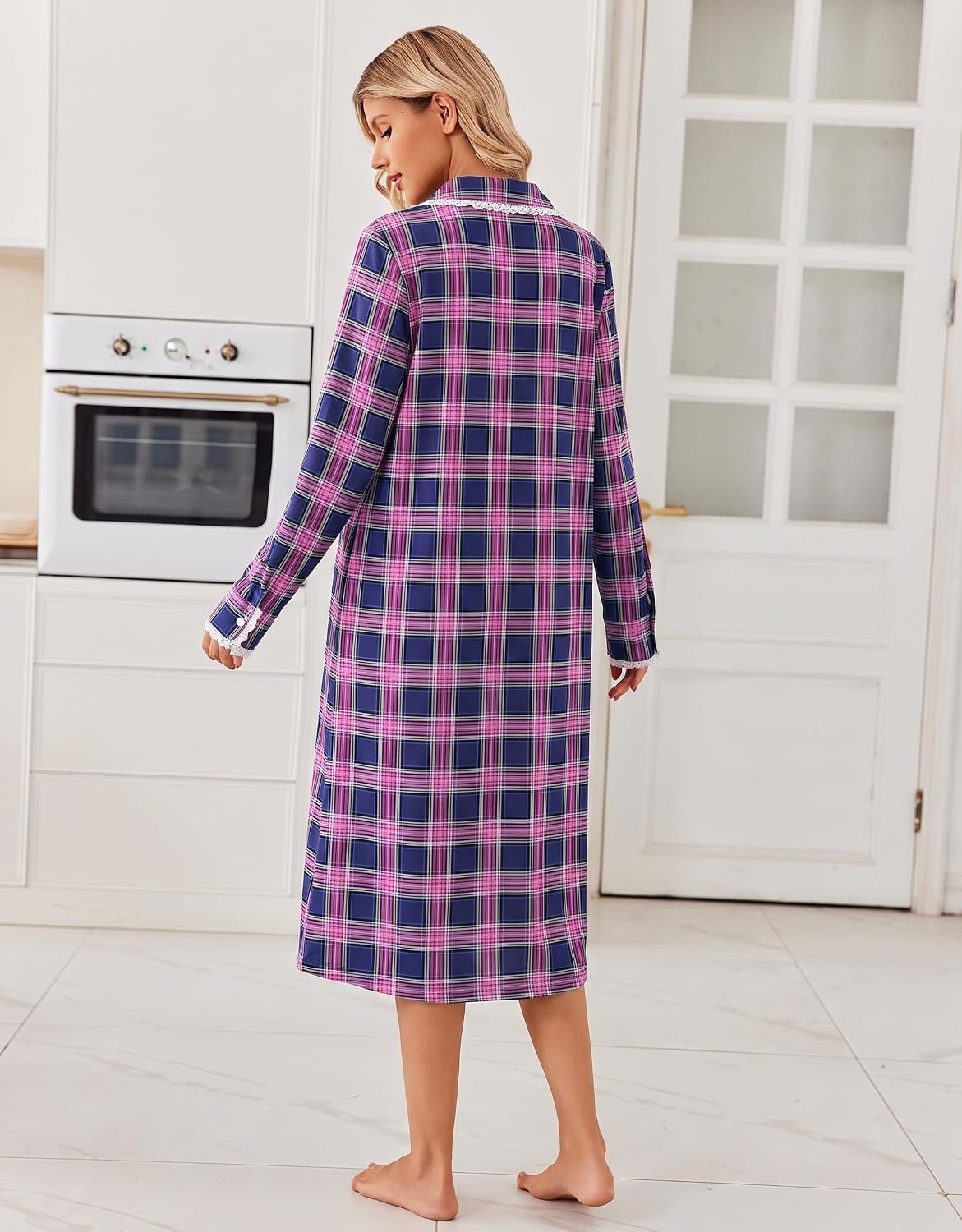 image:imageEkouaer Womens Long Sleeve Nightgowns Christmas Nightgown Henley House CoatBlue and Purple Plaid