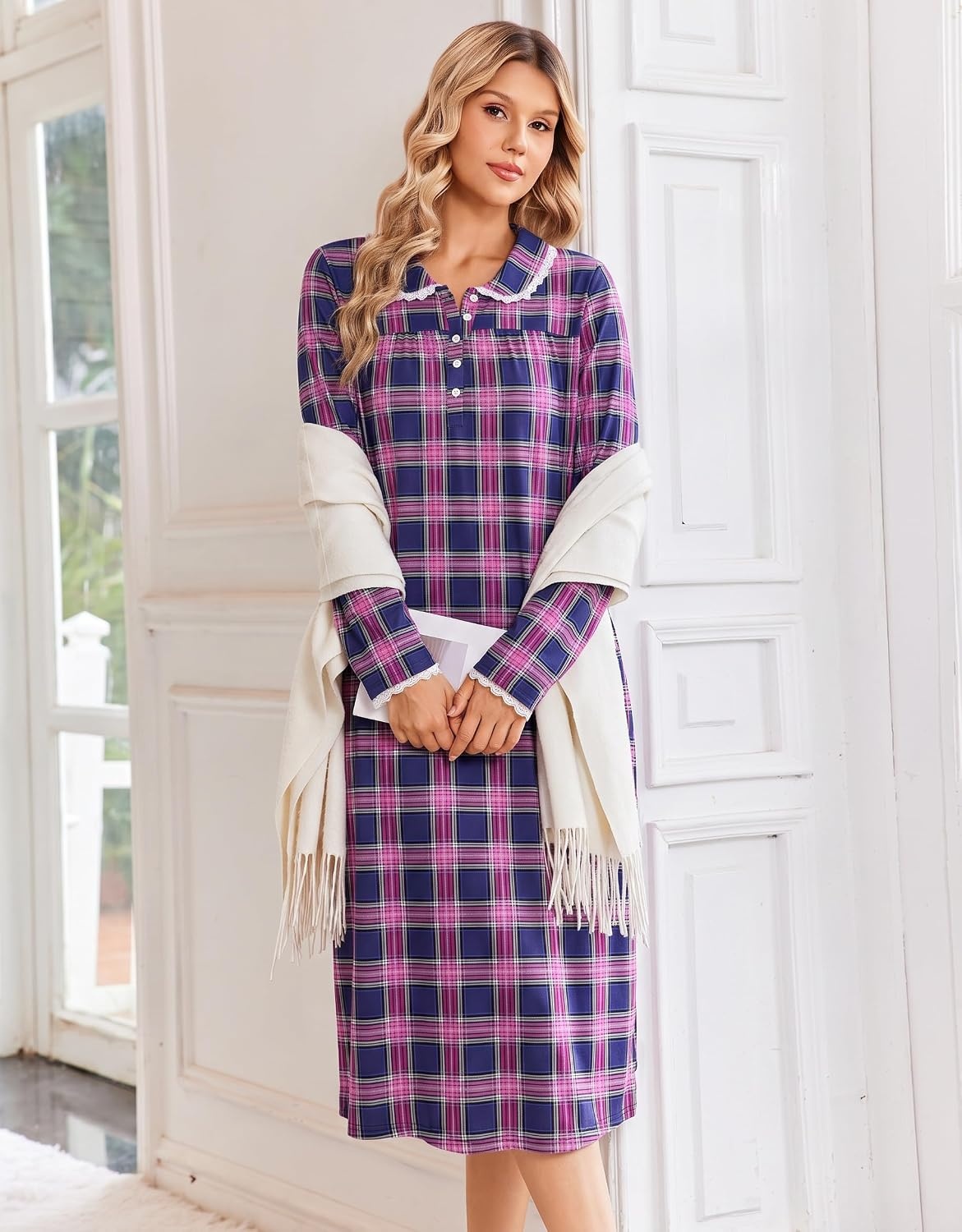 image:imageEkouaer Womens Long Sleeve Nightgowns Christmas Nightgown Henley House CoatBlue and Purple Plaid