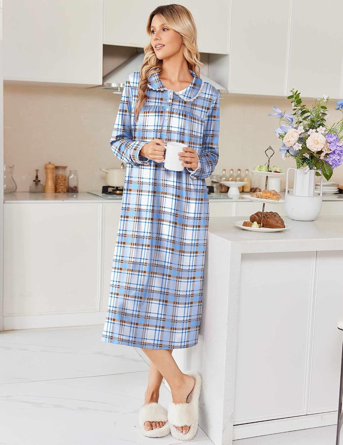 image:imageEkouaer Womens Long Sleeve Nightgowns Christmas Nightgown Henley House CoatLight Blue and Brown Plaid