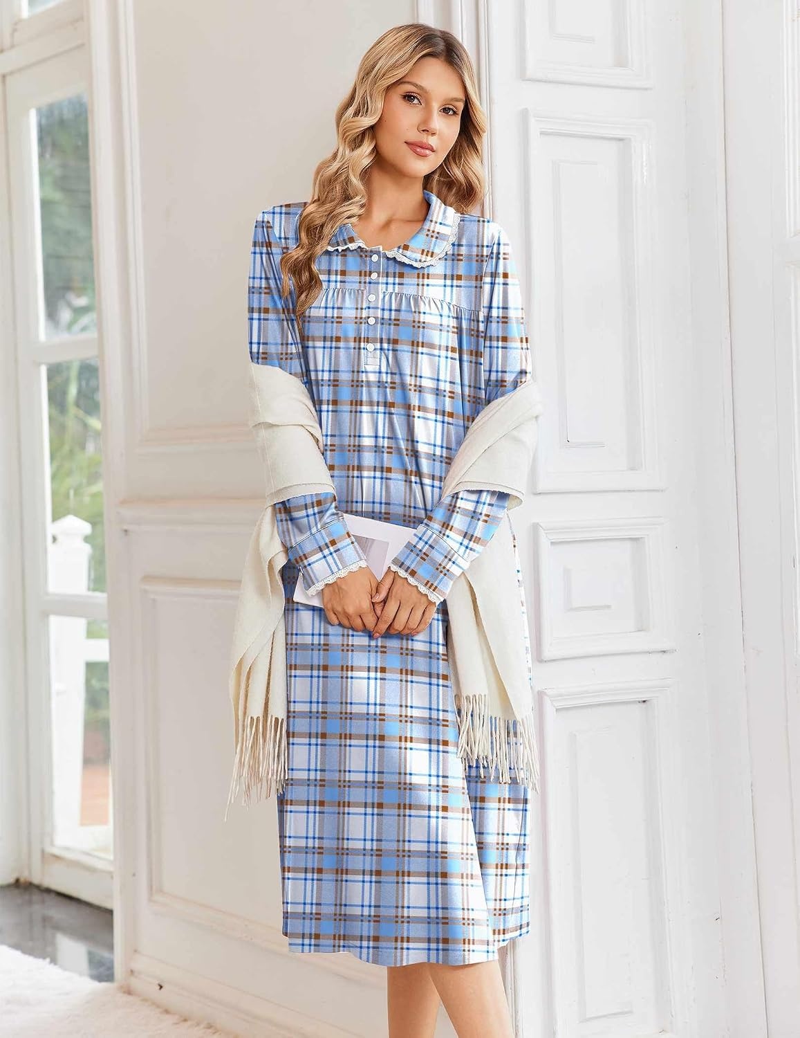 image:imageEkouaer Womens Long Sleeve Nightgowns Christmas Nightgown Henley House CoatLight Blue and Brown Plaid