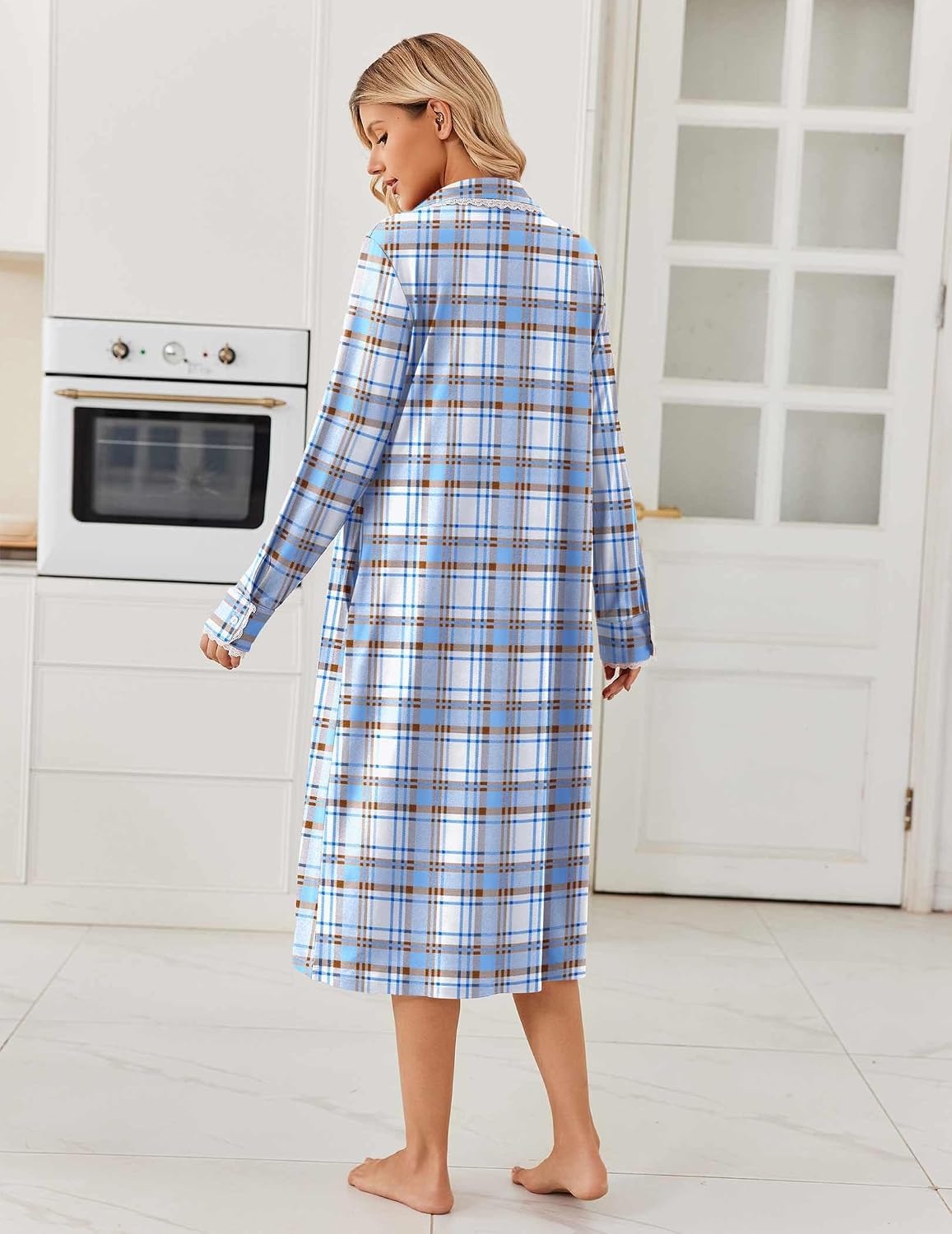 image:imageEkouaer Womens Long Sleeve Nightgowns Christmas Nightgown Henley House CoatLight Blue and Brown Plaid