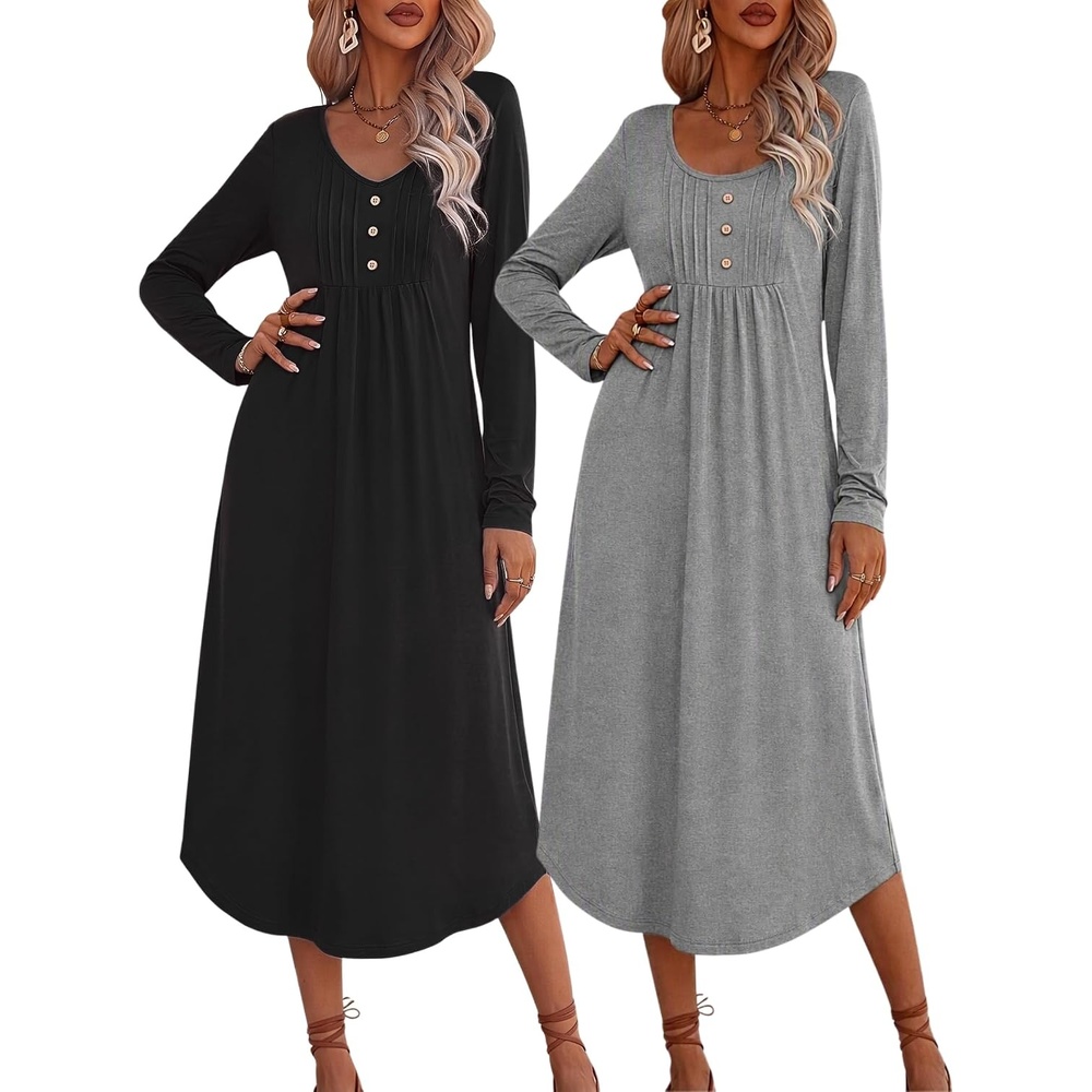 image:imageEkouaer 2 Pack Womens Nightgowns Long Sleeve Long Nightgowns for WomenBlackdark Grey