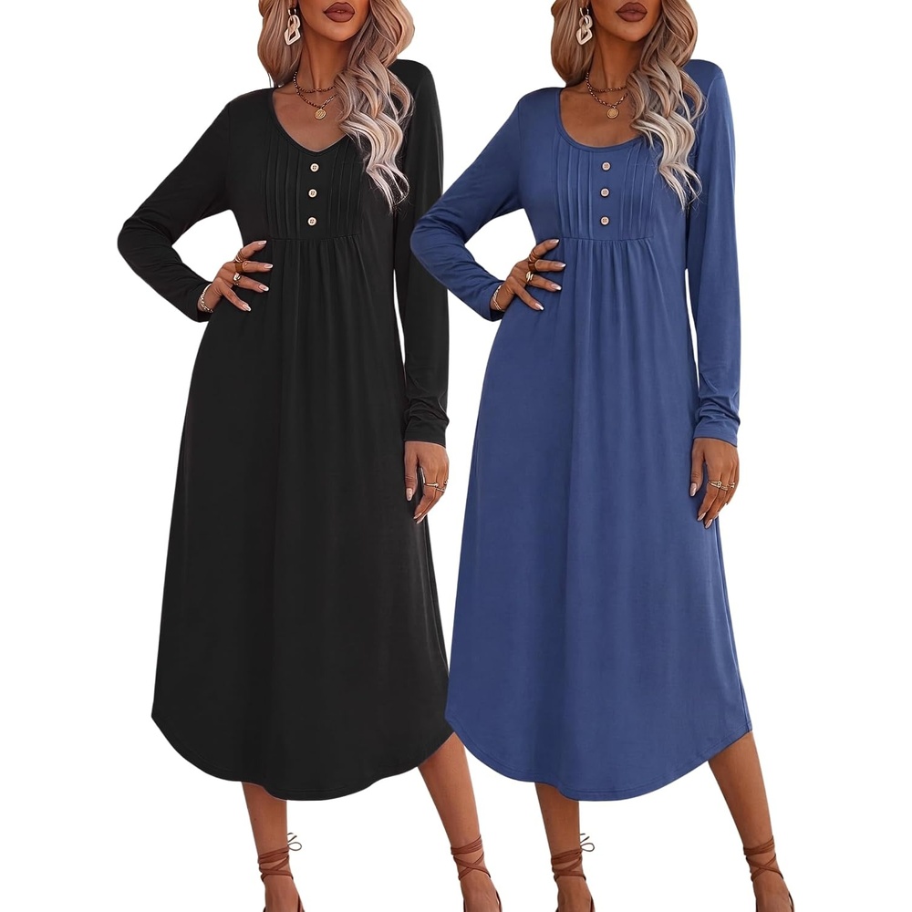 image:imageEkouaer 2 Pack Womens Nightgowns Long Sleeve Long Nightgowns for WomenBlacknavy Blue