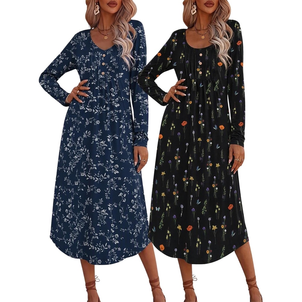 image:imageEkouaer 2 Pack Womens Nightgowns Long Sleeve Long Nightgowns for WomenNavy Flowercolorful Flower