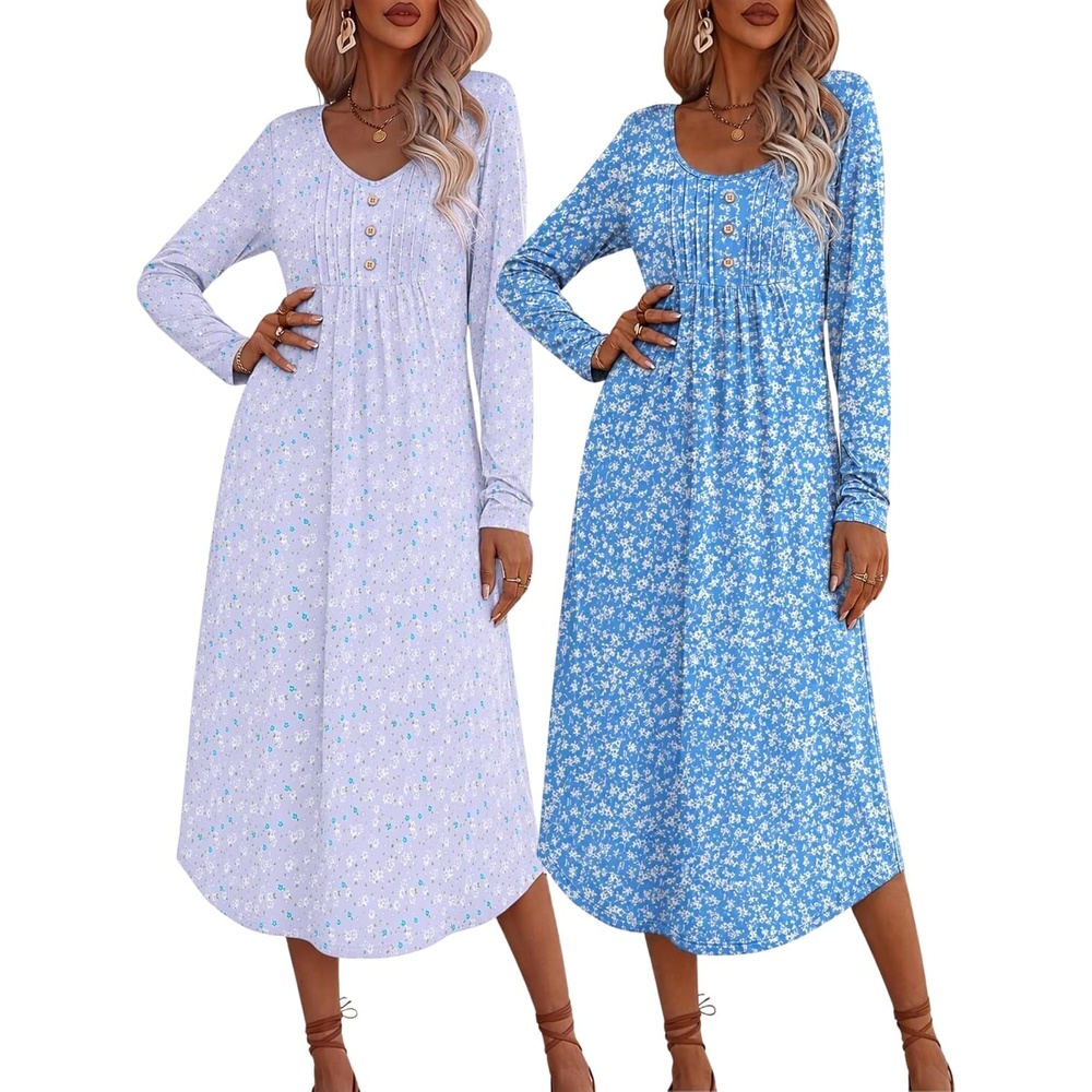 image:imageEkouaer 2 Pack Womens Nightgowns Long Sleeve Long Nightgowns for WomenPurple Flowerblue Flower